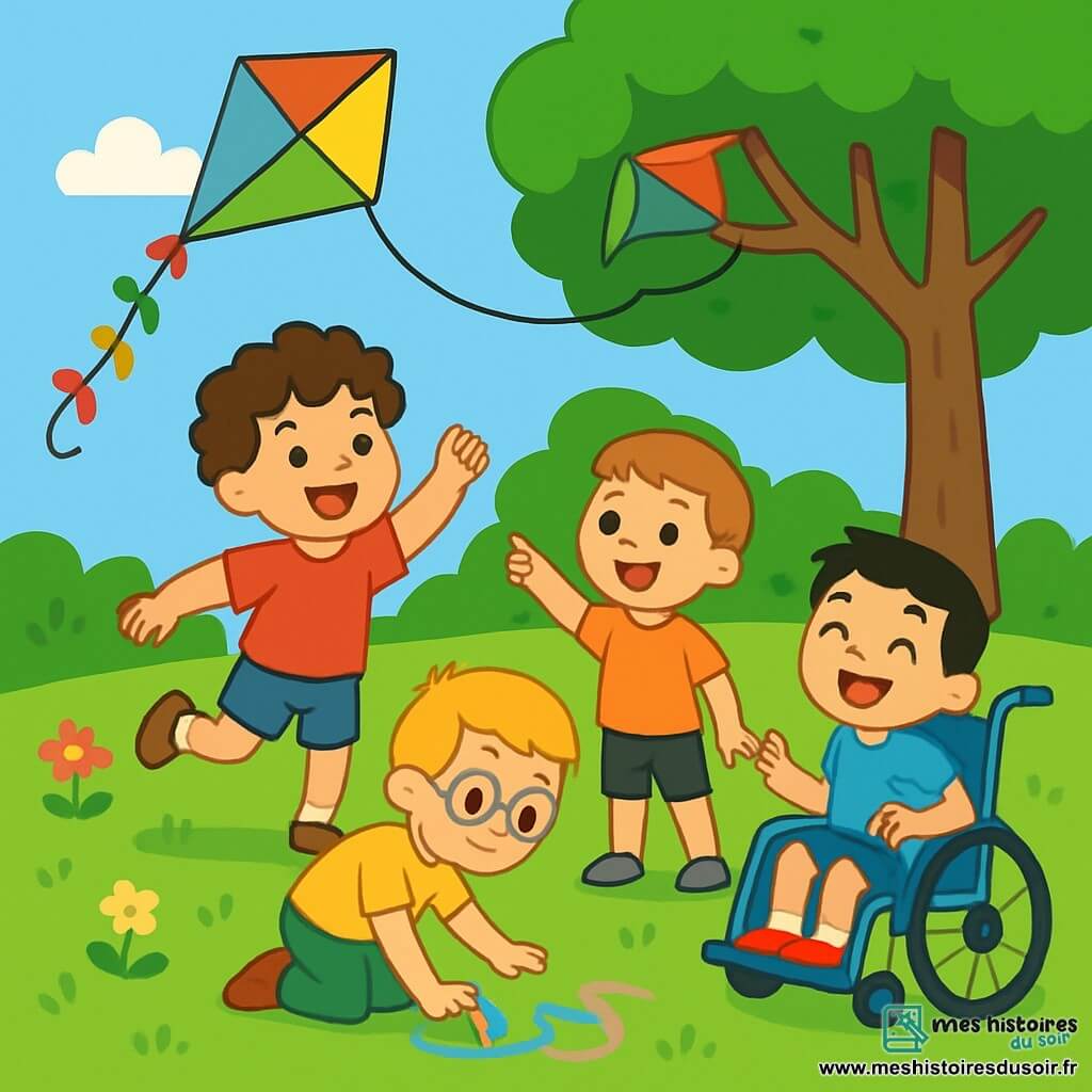 Quatre enfants jouent dans un parc verdoyant. Léo, 7 ans, court avec un cerf-volant coloré. Hugo, 6 ans, dessine sur le sol avec des craies. Max, 7 ans, sourit en pointant le cerf-volant accroché à une branche. Tom, 6 ans, assis dans un fauteuil roulant, rit et encourage ses amis. Le parc est animé avec un grand arbre, des fleurs et un ciel bleu. Les enfants vivent une aventure joyeuse ensemble.