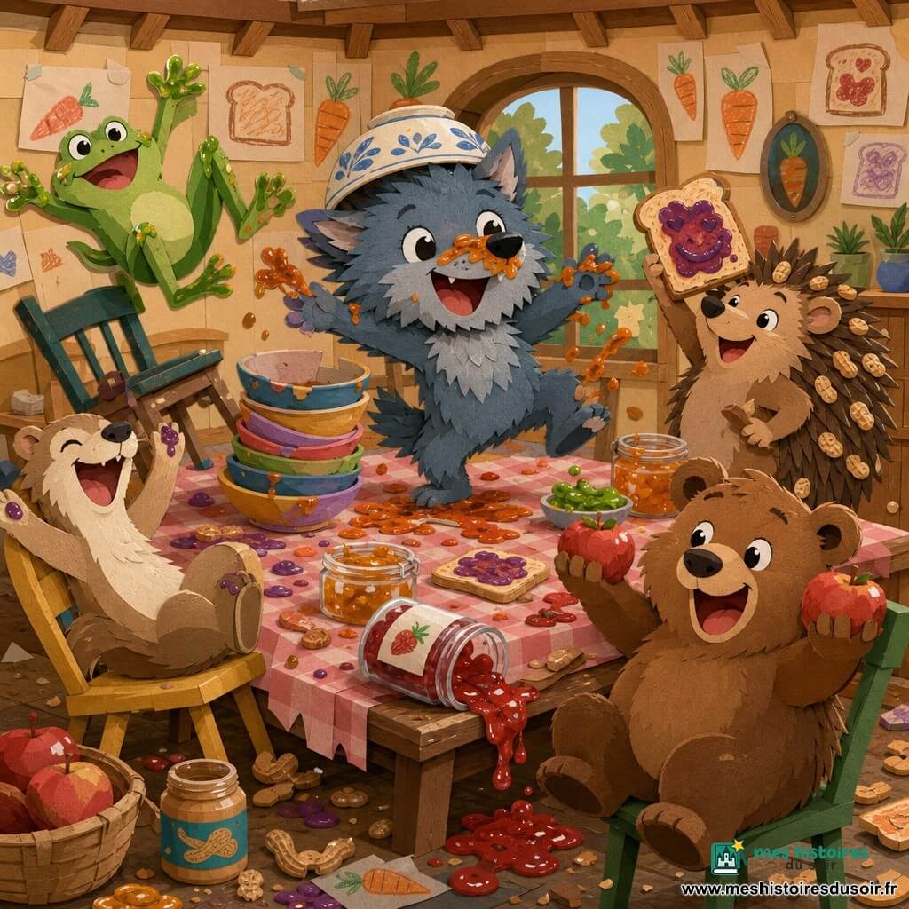 Loupino, petit loup gris-bleu au bol renversé en chapeau et confiture orange sur le museau, est debout au centre de la table, joyeux et maladroit; Clapotis, grenouille verte sautillante, fait un salto sur une chaise à gauche avec de la confiture verte sur les doigts; Pompon, hérisson rond brun aux piquants ornés de cacahuètes, est fier à droite montrant sa tartine; Biscotte, belette beige malicieuse, rit en basculant d’une chaise; Patapouf, ourson potelé brun clair, gourmand, tient une pomme sur chaque patte devant la table; la grande salle à manger chaleureuse, murs décorés de dessins, table bancale, bols empilés et pot de confiture renversé sur un tapis de pique-nique rose: concours de tartines rigolotes, confiture qui gicle, miettes et ambiance joyeuse et chaotique.