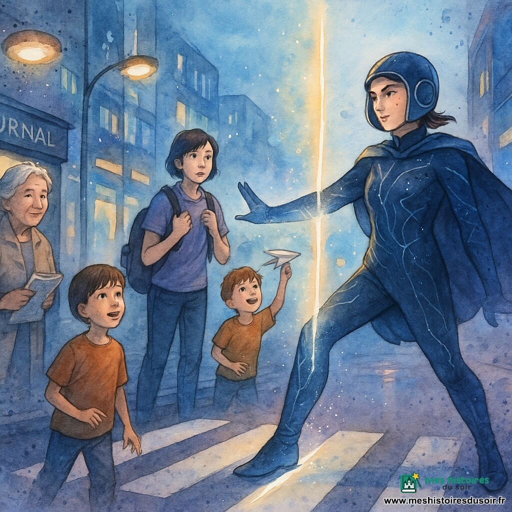 Zélie Quasar, héroïne au visage déterminé et bienveillant, yeux vifs et cicatrice discrète au menton, en tenue bleu nuit à filaments argentés et cape courte, pose un pied sur un passage piéton d’une rue moderne de Nova-Lumen au crépuscule et stabilise d’un gant lumineux une fente scintillante qui s’ouvre au-dessus du passage; à gauche, Madame Rina (≈70 ans), cheveux gris en chignon, sourit en tenant un journal près d’un kiosque; à droite, une adolescente d’environ 15 ans au sac à dos recule, confuse mais soulagée, et un garçon d’environ 7 ans, tenant un avion en papier, regarde émerveillé le ciel; trottoirs luisants, lampadaires drones diffusant halos doux et vitrines reflétant néons bleus et ors; touches aquarelle suggérant le mouvement du champ lumineux.