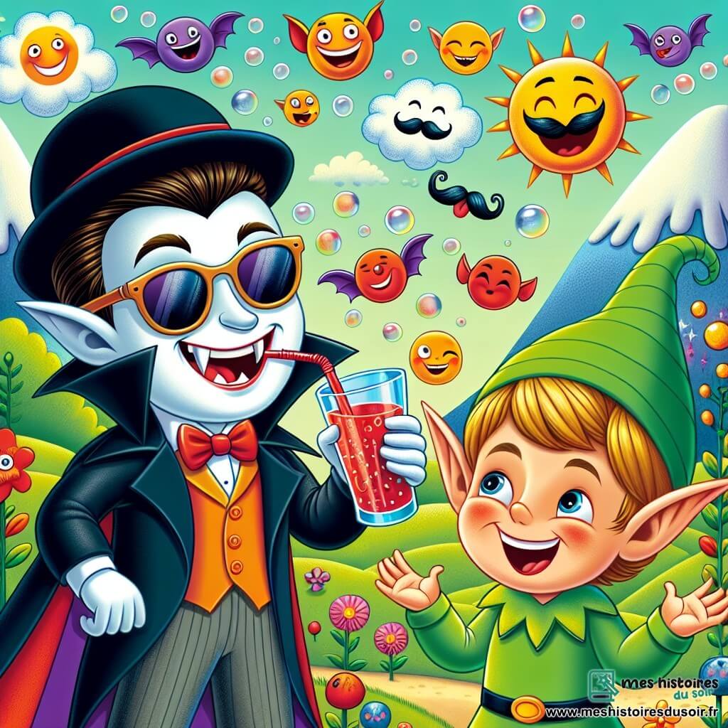 Un vampire joyeux nommé Victor, portant des lunettes de soleil et un chapeau melon, tient un verre de jus de tomate à la paille et rit de tout cœur, entouré de bulles de joie. À ses côtés, Léon le Lutin, un petit garçon aux cheveux verts et aux oreilles pointues, fait une blague, riant avec une main levée. Le décor est la Vallée des Farces, un paysage enchanteur avec des collines colorées et des arbres aux feuilles en forme de plumes, où des fleurs souriantes et des nuages en forme de moustaches ajoutent une touche magique. Ils célèbrent leur découverte de la Perle de Rire, entourés d'animaux rigolos et d'autres créatures joyeuses, dans une atmosphère de fête et de bonheur.