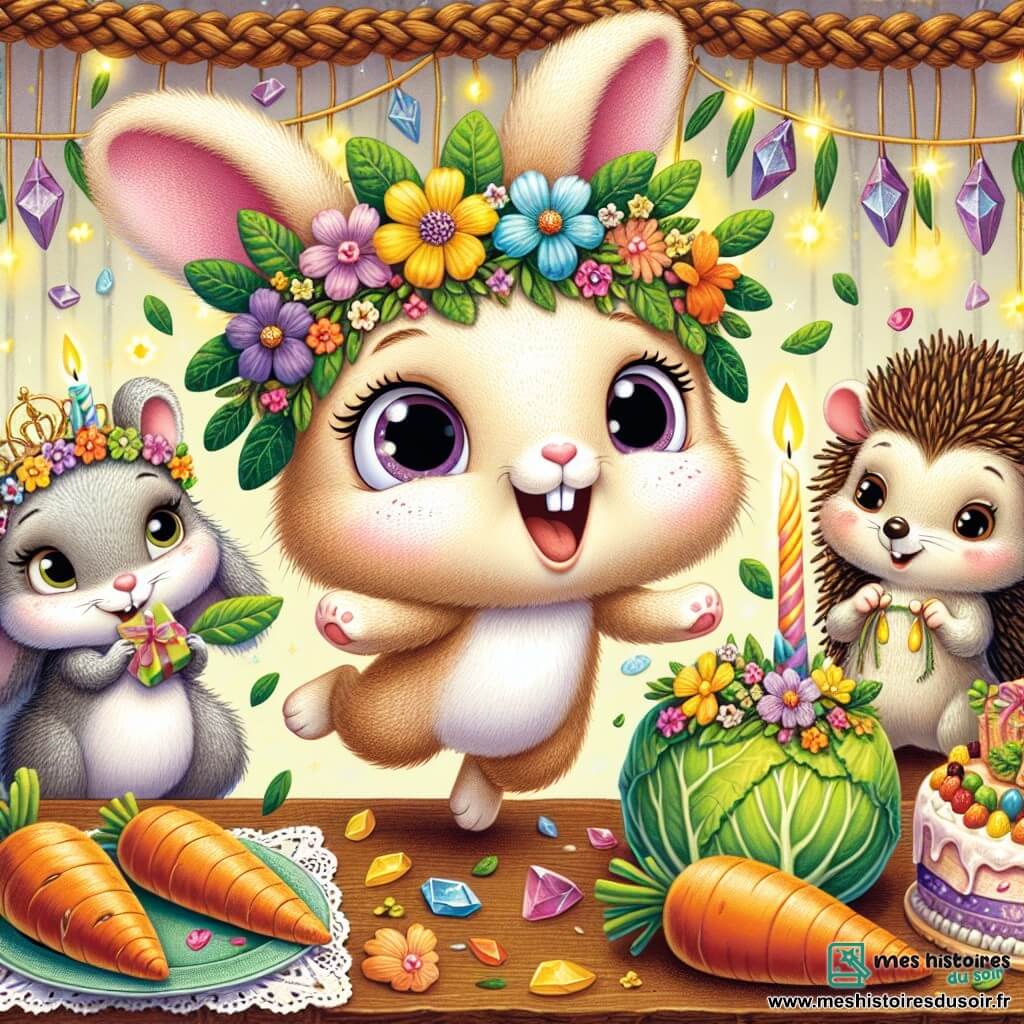 Un petit lapin nommé Benjamin, au pelage beige et doux, porte une couronne de fleurs colorées et affiche un large sourire, sautant de joie lors de sa fête d'anniversaire. À ses côtés, Lila, une petite souris grise aux grandes oreilles, tient un cadeau enroulé dans une feuille de chou, son visage rayonnant d'excitation. Hugo, un hérisson aux piquants bruns, se tient légèrement en retrait avec un sourire malicieux, tenant une couronne de fleurs pour Benjamin. La scène se déroule dans une salle magique du Musée des Merveilles, décorée de trésors scintillants et de guirlandes de fleurs. Benjamin et ses amis dansent et chantent autour d'une table remplie de gâteaux en forme de carottes et de fruits juteux, éclairés par la douce lumière des lucioles.