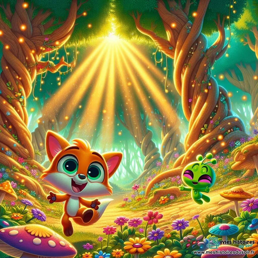 Un petit renard nommé Flambo, avec un pelage orange et des yeux curieux, saute joyeusement dans une forêt magique entourée de fleurs chantantes. Il sourit, émerveillé par la beauté de son environnement. À ses côtés, un extraterrestre vert nommé Zippy flotte légèrement, portant une combinaison colorée et affichant un grand sourire. La scène se déroule dans une forêt enchantée avec de grands arbres aux troncs noueux et des rayons de lumière dorée illuminant le sol. Flambo et Zippy s'amusent ensemble, Flambo essayant d'attraper des bulles colorées créées par Zippy, qui souffle dans une poudre magique. L'atmosphère est remplie de rires et de joie, illustrant une belle amitié intergalactique.
