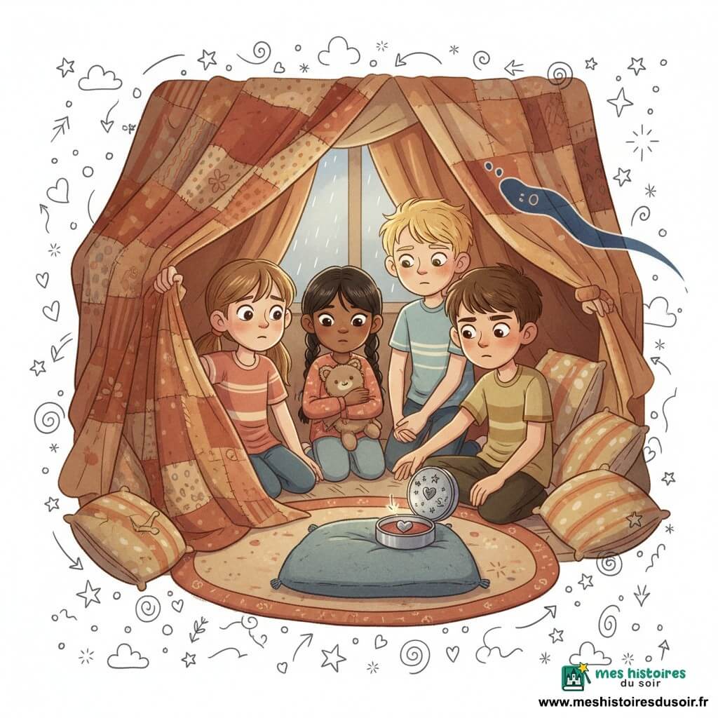 Quatre enfants de huit ans se tiennent dans l'intérieur d'un fort de couvertures aux tissus patchwork ocre, rouge et crème filtrant une lumière dorée : Léa, fille aux cheveux châtain clair en couette, accroupie à l'avant-gauche, tire un drap pour révéler la clairière ; Jules, garçon aux cheveux courts bruns, accroupi à l'avant-droite, pose une main protectrice près d'une petite boîte ronde en métal poli ornée de gravures d'étoiles et de monstres mignons ; Mina, fille aux cheveux noirs en tresse, se tient juste derrière Léa en serrant un doudou usé contre sa poitrine, timide mais attentive ; Tom, garçon aux cheveux blonds ébouriffés, est derrière Jules, tenant la main de Mina et fixant la boîte ; au centre, sur un coussin de feutre gris-bleu posé sur un petit tapis, la boîte contient un petit cœur métallique qui vibre doucement, une ombre bleu nuit ondulée se détache sur les draps, la lumière chaude éclaire leurs visages contrastant avec des ombres fraîches, créant une atmosphère mystérieuse et tendre mêlant curiosité et légère frayeur.