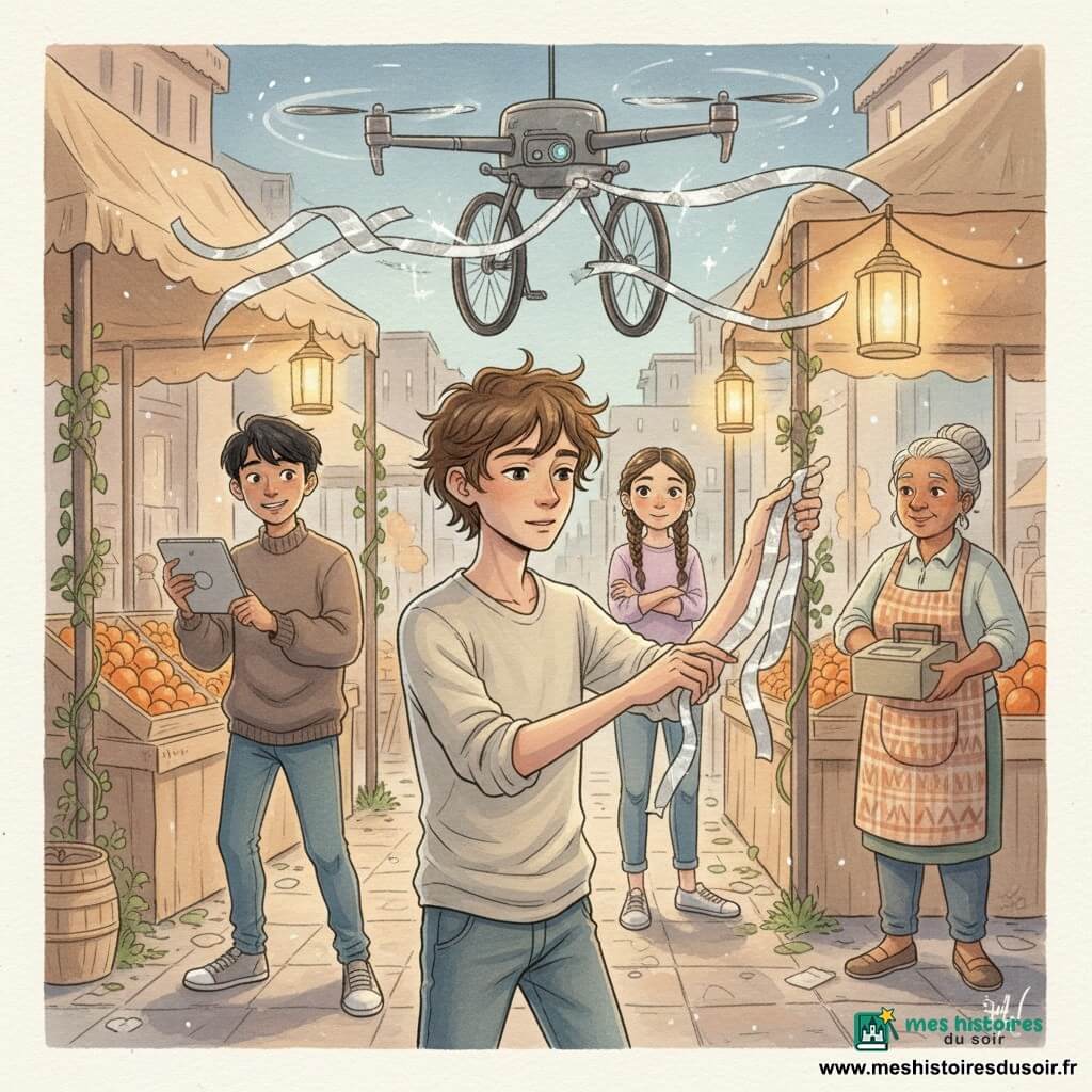 Un garçon de 12 ans aux cheveux bruns en bataille, visage fin et expression concentrée, ajuste une guirlande réfléchissante sous un rail aérien pendant qu’un drone-vélo immobile tourne lentement au-dessus; Ilyès, 12 ans, cheveux noirs et pull trop grand, filme la scène avec une tablette en souriant nerveusement; Naïa, 12 ans, cheveux tressés, bras croisés, observe derrière Malo, rassurée; Madame Leïla, ~60 ans, cheveux gris en chignon et tablier, tient une caisse près d’un stand d’oranges éclairé par des lanternes; lieu : petit marché désert au crépuscule avec étals sable, guirlandes argentées qui claquent, pylônes et rails suspendus, végétation grimpante, dalles texturées et poussière légère; ambiance : soir calme, vent visible, gestes délicats, tons sable, ocre et bleu-gris ponctués d’orange chaud et de reflets argentés.