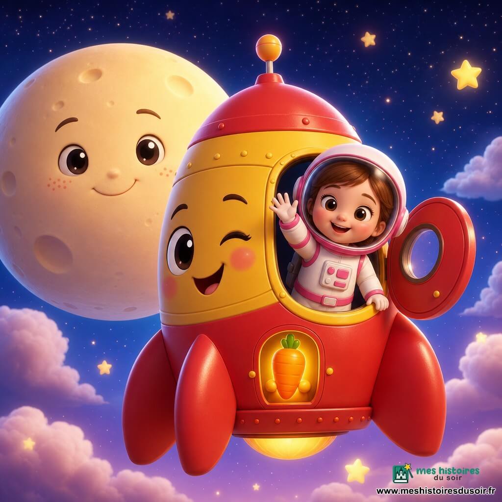 Luna sourit, yeux brillants et joues roses, elle porte une combinaison spatiale blanche et rose et agite la main depuis la porte ouverte de la petite fusée Zaza, un personnage rond rouge et jaune au grand visage amical, qui cligne des yeux et tient une petite carotte lumineuse; Zaza est juste devant une lune crème, ronde et tachetée, à gauche en arrière-plan, très proche, le tout sur un fond dégradé bleu nuit-violet parsemé d'étoiles scintillantes et de nuages lumineux flous, ambiance câline, calme et sûre, style lumineux aux textures douces, formes arrondies, palette pastel contrastée, éclairage chaleureux, ombres douces, composition centrée sans texte.