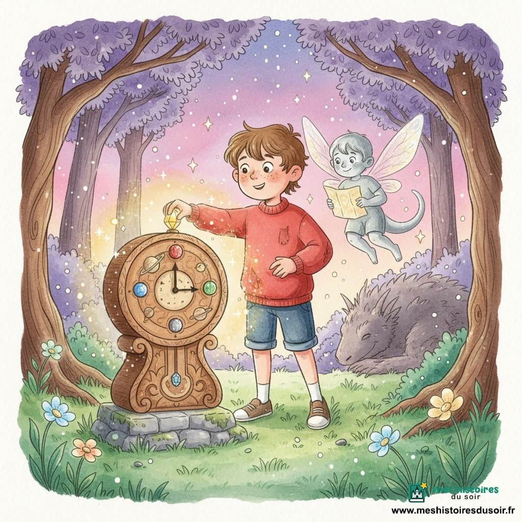 Lucas, garçon de 10 ans au visage rond, taches de rousseur et cheveux châtain en bataille, regarde déterminé et émerveillé en tendant la main pour poser le dernier des quatre cristaux colorés dans une vieille horloge ornée d’étoiles ; il porte un pull rouge usé et un short en jean. Luma, petit être ailé masculin à la peau argentée et aux ailes translucides scintillantes, flotte juste derrière lui à droite avec un sourire bienveillant en tenant une carte lumineuse. En arrière-plan flou se devine la silhouette massive et poilue d’une créature du royaume. La scène se déroule dans une clairière enchantée d’herbe verte parsemée de fleurs phosphorescentes, cerclée d’arbres au feuillage violet sous un ciel crépusculaire violet et rose étoilé. L’horloge en bois sculpté de motifs planétaires a un cadran aux aiguilles inversées, un socle de pierre moussu et quatre emplacements où brillent un cristal bleu, rouge, vert et jaune ; au moment solennel où le cristal est inséré, une douce aura dorée s’élève avec étincelles et particules d’étoiles, créant une atmosphère d’émerveillement et de retour imminent chez lui.