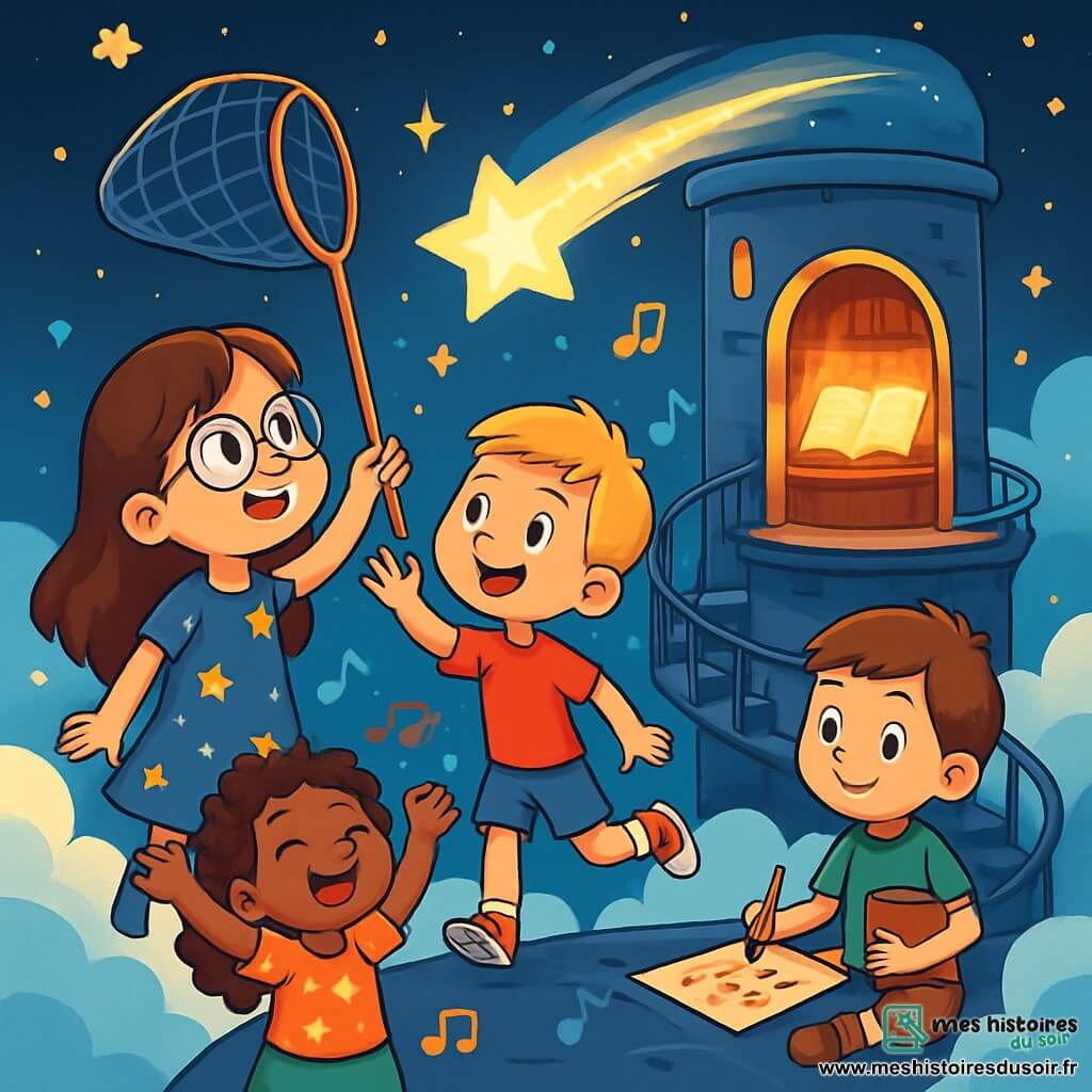 Quatre enfants sont réunis au sommet d'une haute tour futuriste. Léa, 8 ans, avec de longs cheveux bruns et des lunettes rondes, admire une étoile filante. Max, 9 ans, cheveux blonds, court joyeusement vers l'étoile. Emma, 7 ans, avec des cheveux bouclés, chante entourée de bulles. Tom, 8 ans, dessine des notes de musique sur le sol. Ils essaient de capturer l'étoile filante avec un filet magique, leurs visages illuminés par sa lumière, unis dans la joie et l'excitation, prêts à explorer les secrets de la technologie magique.