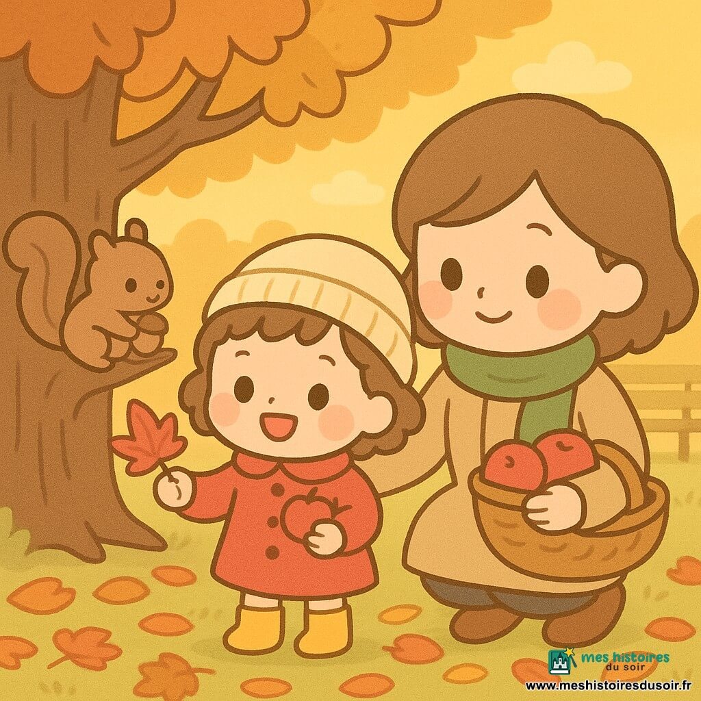 Une fillette de 2 ans émerveillée, souriante, tient une feuille rouge et une petite pomme ; sa mère d'environ 30 ans, souriante et accroupie, a la main sur son épaule et un panier de pommes ; un écureuil brun sur une branche basse tient un gland et la regarde ; parc d'automne avec grand chêne, tapis de feuilles rouges, jaunes et brunes et lumière dorée du soleil couchant.