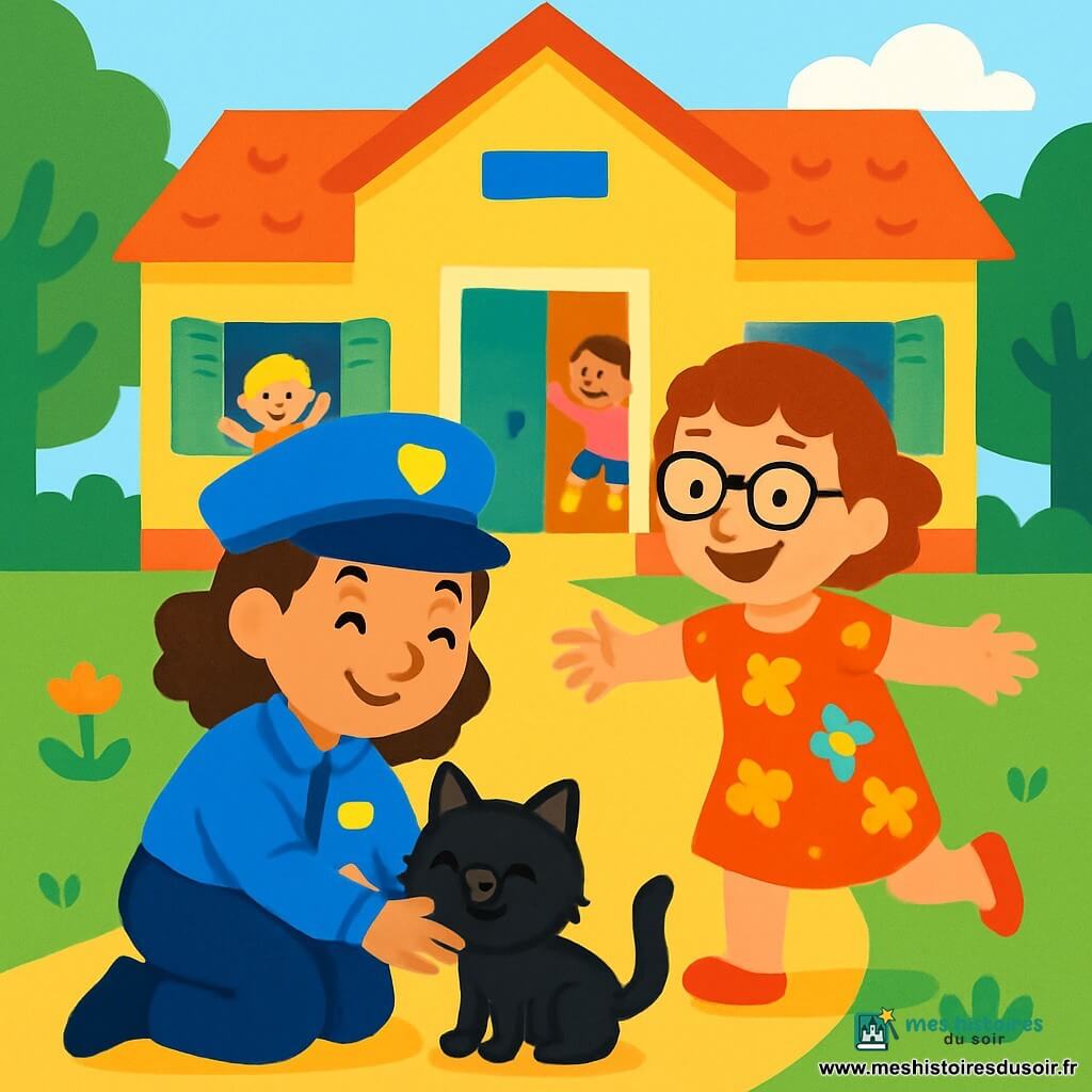 Une policière souriante, Lila, aux cheveux bruns et bouclés, porte une chemise bleue et un chapeau assorti. Elle s'accroupit pour caresser un petit chat noir, visiblement soulagé. Une dame d'âge moyen, en lunettes et robe florale, court vers elle, bras ouverts, prête à récupérer son chat, avec un grand sourire de gratitude. La scène se déroule devant une école colorée, où des enfants jouent, entourée d'arbres verts et de fleurs. Lila aide le chat à retrouver sa propriétaire, créant un moment de bonheur en ce bel après-midi ensoleillé.