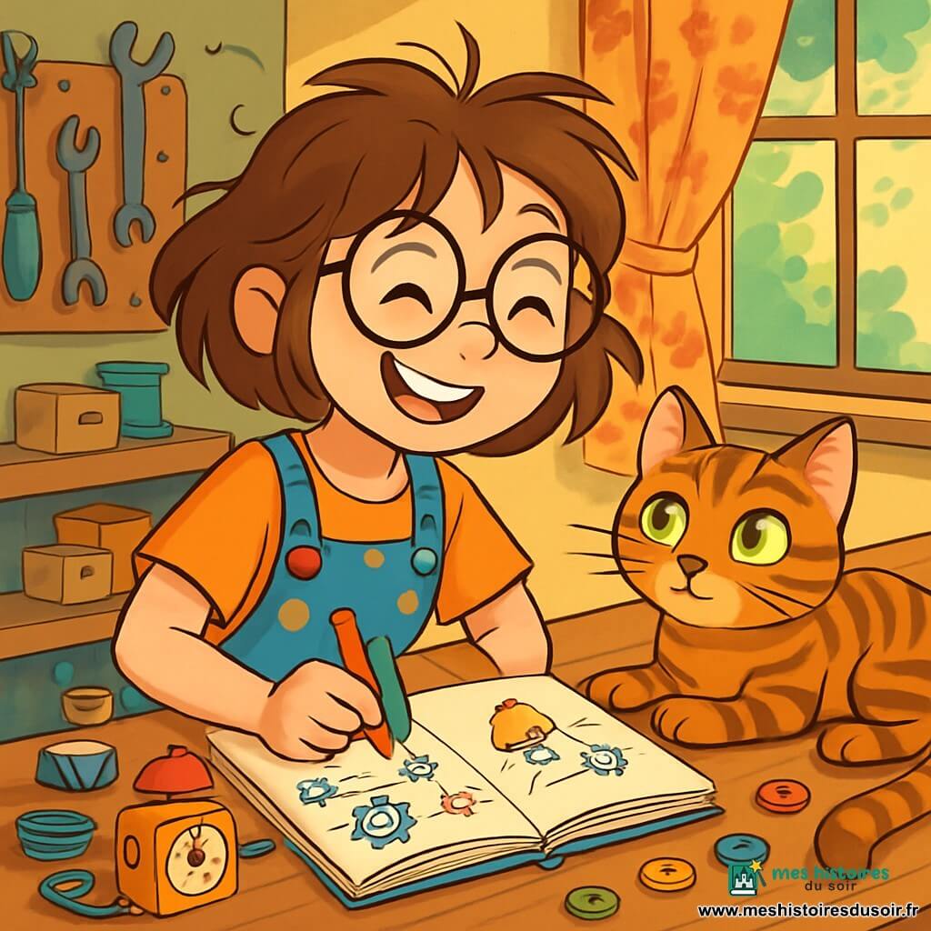 Zoé, une jeune femme souriante avec des lunettes rondes et des cheveux châtains en désordre, est assise à une table en bois dans son atelier. Elle porte une salopette à pois colorés et dessine des idées d'inventions dans un carnet avec des crayons multicolores, son visage rayonnant d'excitation. À côté, Biscotte, un chat tigré aux yeux verts, observe attentivement Zoé. L'atelier est rempli de bric-à-brac : boîtes à musique, fils colorés, boutons et outils, le tout sous une lumière douce filtrée par une fenêtre avec des rideaux à fleurs. Zoé bricole une alarme douce, entourée de ses inventions, créant une ambiance joyeuse et imaginative.
