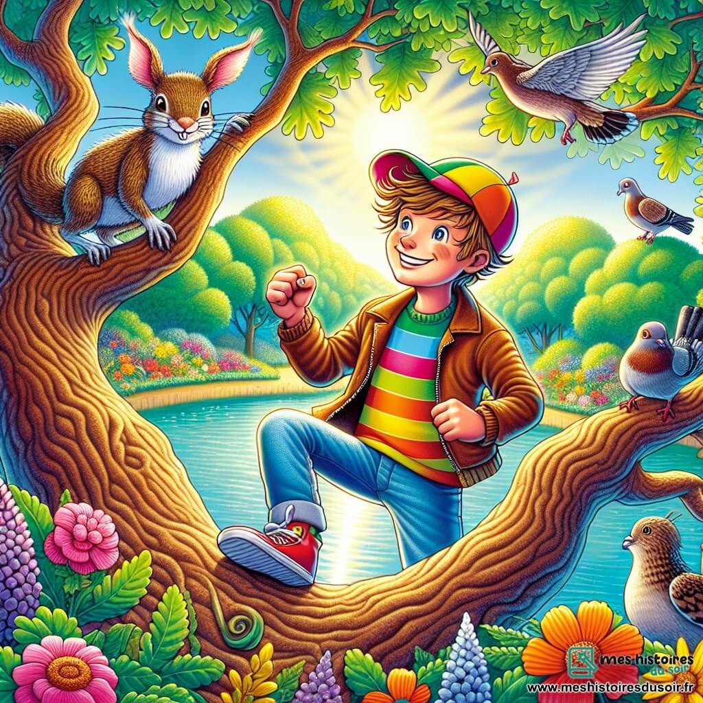 Un garçon de 12 ans, nommé Arthur, se tient au sommet d'un grand chêne avec des feuilles vertes et des branches noueuses. Il a des cheveux châtains en bataille, des yeux déterminés et un large sourire. Arthur porte une casquette colorée et un t-shirt rayé, brandissant une pantoufle rose à oreilles de lapin après sa quête. À ses côtés, un écureuil nommé Rocket l'observe avec malice depuis une branche. Un groupe de pigeons s'entraîne sur une autre branche, tous regardant Arthur avec curiosité. Le jardin ensoleillé, rempli de fleurs et d'une mare scintillante, crée une atmosphère joyeuse. Arthur, fier et joyeux, tient la pantoufle au-dessus de sa tête, tandis que Rocket et les pigeons l'encouragent, célébrant sa victoire inattendue.