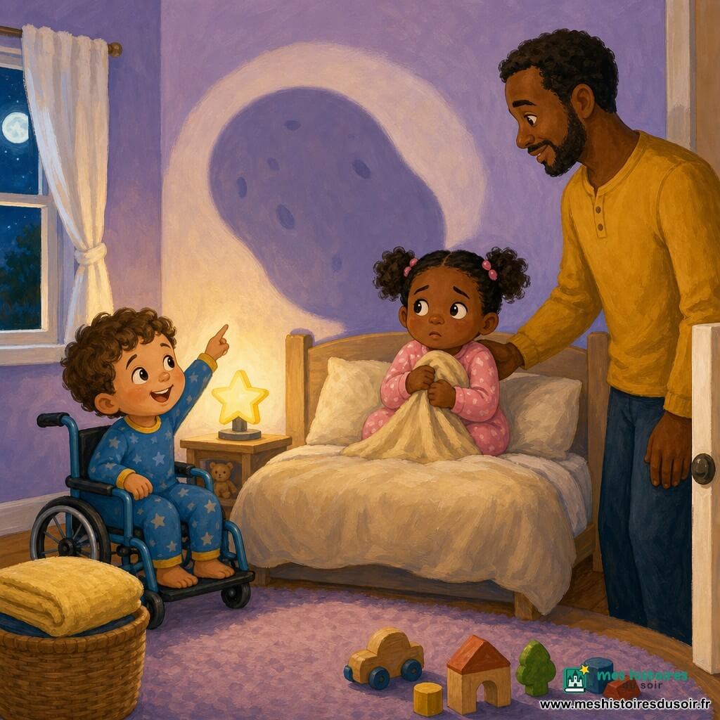 Trois personnages dans une chambre d'enfant chaleureuse aux murs lavande : Léo, garçon de 2 ans aux cheveux courts et bouclés, en petit fauteuil roulant bleu clair assis au pied du lit à gauche, rit et pointe une grande ombre arrondie sur le mur ; Maya, fille de 2 ans en pyjama rose et couettes, assise au centre du lit, serre un doudou beige et regarde l'ombre avec inquiétude ; Papa, homme adulte à la barbe courte et chemise moutarde, est debout près de la porte à droite, la main sur l'épaule de Maya pour la rassurer. Une veilleuse en forme d'étoile et la lune projettent une ombre douce qui ressemble à une "patate géante", l'atmosphère est douce avec un contraste de lumière chaude et texture de peinture acrylique ; jouets en bois éparpillés, petite fenêtre à rideau blanc et table de chevet avec serviette pliée.