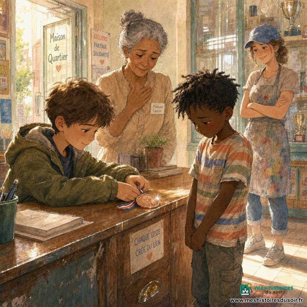 Léo, 12 ans, cheveux châtain, veste kaki trop grande, pose une médaille cuivrée sur le bureau avec fierté et concentration; Milo, 9 ans, timide, T-shirt rayé et cheveux en bataille, rougit et regarde le sol, debout à côté de lui; Madame Lenoir, ~50 ans, cheveux gris en chignon et blouse beige, se tient derrière le comptoir une main sur la poitrine, visiblement émue; Nora, ~20 ans, casquette bleue et tablier taché, sourit près d’une grande vitrine à trophées. Lieu : hall d’une maison de quartier, carrelage clair, tapis usé, bureau en bois patiné, vitrine en verre réfléchissante; lumière chaude traversant la fenêtre crée des bandes lumineuses au sol. Situation : remise de la médaille retrouvée après une petite enquête, atmosphère de réparation et de pardon, gestes posés, regards soulagés, palette pastel chaude, textures papier et bois, petites touches blanches sur les reflets métalliques de la médaille.