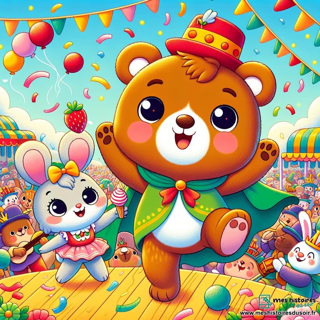 Petit Ours, un ourson mignon au pelage brun et aux yeux pétillants, porte un chapeau rouge à pois jaunes et une cape verte. Il saute de bonheur au milieu de la foule, souriant en cherchant ses amis. Lapinou, un petit lapin blanc aux grandes oreilles, est assis sur un banc avec une glace à la fraise, tandis que Souricette, une souris grise avec un nœud rose, danse autour de lui en riant. Le carnaval se déroule dans un village coloré avec des décorations festives, des ballons multicolores et des musiciens joyeux. La scène montre Petit Ours cherchant ses amis dans une foule animée, entouré de confettis tombant comme des flocons de neige colorés.