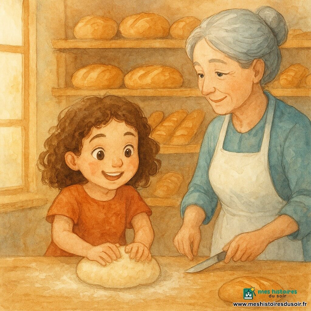 Mina, une petite fille aux cheveux bruns bouclés et aux yeux pétillants, sourit en pétrissant une boule de pâte, ses joues poudrées de farine. À ses côtés, Rose, la boulangère d'une cinquantaine d'années aux cheveux gris en chignon, l'observe avec bienveillance. Elle porte un tablier blanc et tient un couteau pour inciser le pain. Elles sont dans une boulangerie chaleureuse avec des étagères en bois remplies de pains dorés et une table de travail en bois couverte de farine. Ensemble, elles préparent du pain dans une ambiance douce et lumineuse, éclairée par la lumière du matin passant par une grande fenêtre.
