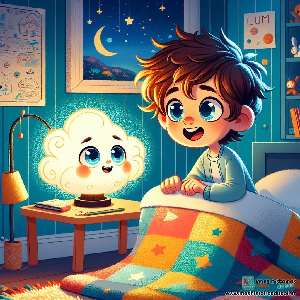 Max, un petit garçon de dix ans aux cheveux bruns en bataille et aux yeux pétillants, est allongé dans son lit entouré de couvertures colorées. Il sourit, ses joues légèrement rosies par l'excitation, écoutant Luma, sa lampe de chevet en forme de nuage qui brille doucement à ses côtés. Luma, avec son abat-jour nuageux, émet une lumière douce et dorée, affichant une expression amicale comme si elle racontait une histoire magique. La chambre de Max, cosy avec des murs bleu ciel et décorée de posters d'étoiles, crée une ambiance chaleureuse. Max écoute avec fascination Luma lui narrer une histoire sur un royaume magique, tandis que la douce obscurité de la nuit enveloppe la pièce, pleine de mystère et d'aventure.