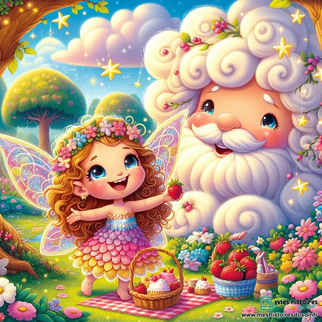 Une petite fée nommée Lila, avec des ailes scintillantes et une robe en pétales de fleurs, sourit en tenant un panier de fraises et de gâteaux en forme d'étoiles. À côté d'elle, Monsieur Nuage, un personnage doux, la regarde avec des yeux pétillants de bonheur, prêt à l'enlacer. Le décor est un jardin enchanté avec des fleurs colorées et un ciel bleu éclatant. La scène montre Lila et Monsieur Nuage préparant un pique-nique sous un arbre aux fleurs roses, illustrant leur amour et la fête des pères.