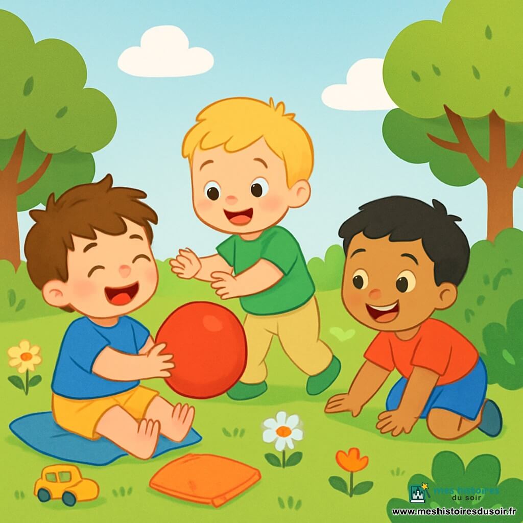 Il y a trois petits garçons : Léo, 2 ans, avec des cheveux bruns en désordre, un t-shirt bleu et un short jaune, assis sur l'herbe, riant et tenant un ballon rouge ; Max, 2 ans, avec des cheveux blonds, un t-shirt vert et un pantalon beige, debout à côté de Léo, poussant le ballon ; et Tom, 2 ans, avec des cheveux noirs, un t-shirt rouge et des shorts bleus, accroupi près d'un buisson, prêt à attraper le ballon. Ils jouent dans un jardin ensoleillé, entourés de fleurs colorées, d'herbe verte et d'arbres, sous un ciel bleu clair. La scène illustre la joie de l'amitié et du jeu.