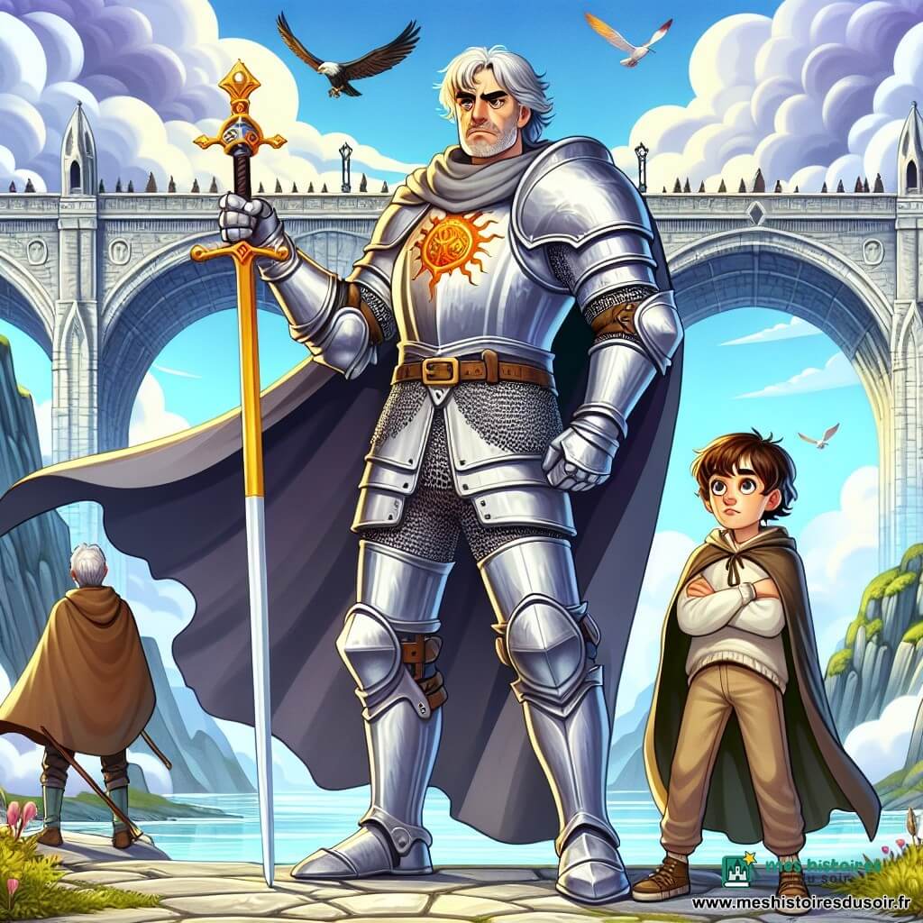 Un chevalier déterminé, en armure brillante et manteau gris, se tient sur le Grand Pont de pierre, scrutant l'horizon avec sa lance ornée d'un symbole mystérieux. À ses côtés, un jeune garçon admiratif le regarde, tandis qu'un homme robuste, Maître Isarn, se tient derrière lui, affichant fierté et respect. Le pont majestueux s'étend au-dessus d'un fleuve argenté, entouré de falaises verdoyantes, sous un ciel bleu clair où volent des oiseaux. Le chevalier est prêt à défendre la ville de Val-Roc et à retrouver l'Aiguille d'Aube volée, tandis que le vent soulève les drapeaux accrochés aux arches du pont.