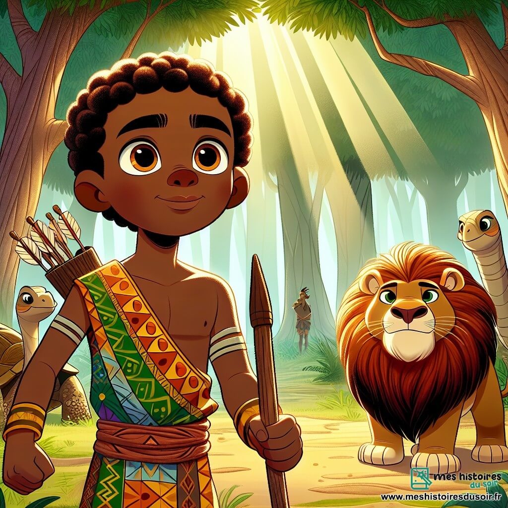 Au centre de l'image, Kwame, un jeune homme africain d'environ 20 ans, se tient avec détermination. Il a la peau brune, des cheveux crépus et des yeux pétillants. Il porte une tunique colorée en peaux d'animaux, ornée de motifs traditionnels, et tient un arc en bois. À côté de lui, un lion majestueux avec une crinière flamboyante l'observe avec curiosité. En arrière-plan, une tortue sage, âgée, observe la scène. Le décor est la Forêt Sacrée, avec de grands arbres et des rayons de soleil créant des motifs lumineux. Kwame raconte une histoire amusante pour prouver son courage, le lion rit tandis que la tortue sourit, attendant de voir comment Kwame surmontera cette épreuve. L'atmosphère est magique, pleine de tension, de joie et de découverte.