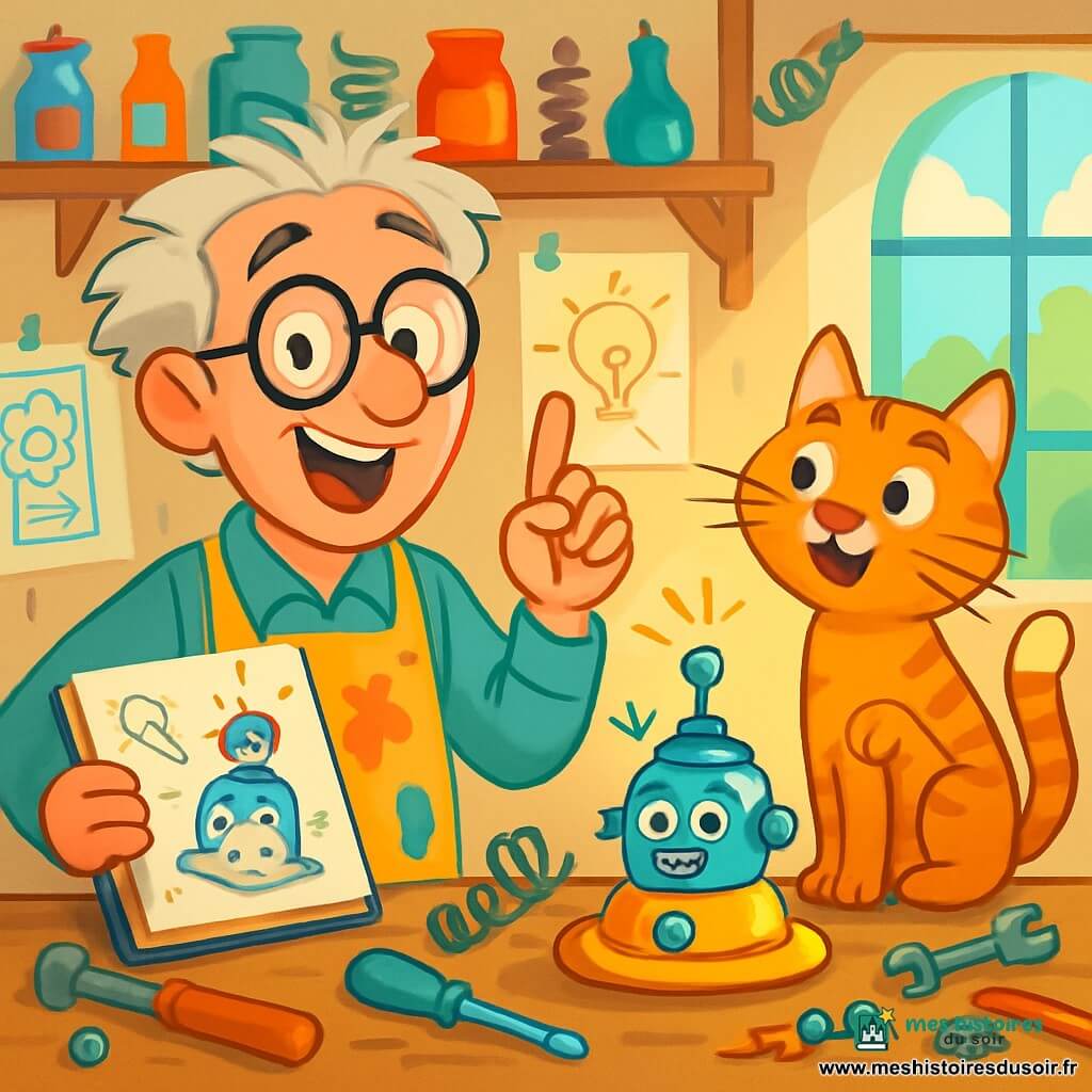 Le Professeur Gaston, un homme d'âge moyen avec des lunettes rondes et des cheveux ébouriffés, sourit dans son atelier. Il porte un tablier jaune taché de peinture et tient un carnet de croquis, l'autre main levée comme s'il avait une idée. À ses côtés, Biscotte, un chat tigré aux yeux pétillants, observe le professeur avec amusement, une patte levée. L'atelier est un bazar créatif, rempli de bocaux colorés, de morceaux de métal, de fils électriques et de plans accrochés aux murs, avec des outils éparpillés sur la table et une lumière douce filtrant à travers la fenêtre. Le Professeur présente son invention, un robot-chapeau, tandis que Biscotte se prépare à faire une blague sur les tartines.