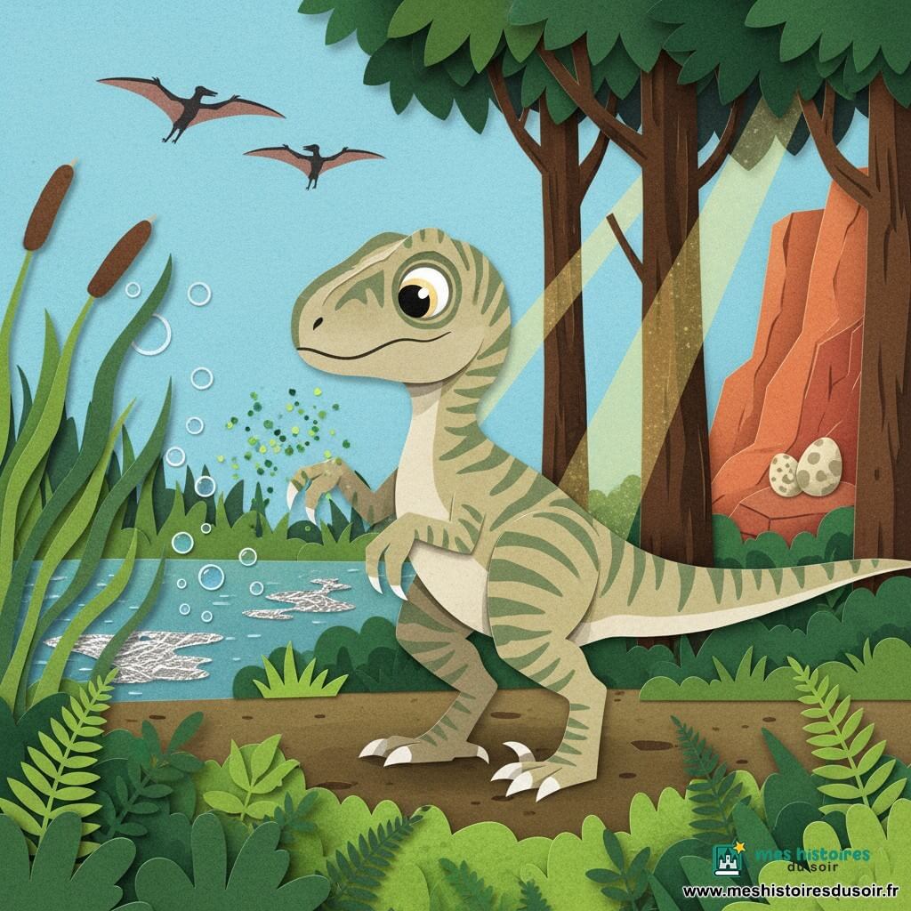 Riko, un jeune vélociraptor curieux au plumage rayé beige et vert, est au centre, sur deux pattes, une griffe touchant une poussière verte étincelante qui flotte en particules lumineuses autour de sa patte; au-dessus, deux ptéranodons stylisés planent dans un ciel bleu clair; à gauche s'étend un marais aux roseaux avec bulles et reflets argentés, au centre-droite une forêt sombre aux troncs épais et grandes feuilles filtrant une lumière dorée, et au loin à droite des falaises rouges avec silhouettes d’œufs fossiles; le sol est tapissé de mousse et de hautes fougères; la scène montre Riko hésitant au croisement de trois chemins, dans une atmosphère d’émerveillement et d’aventure.