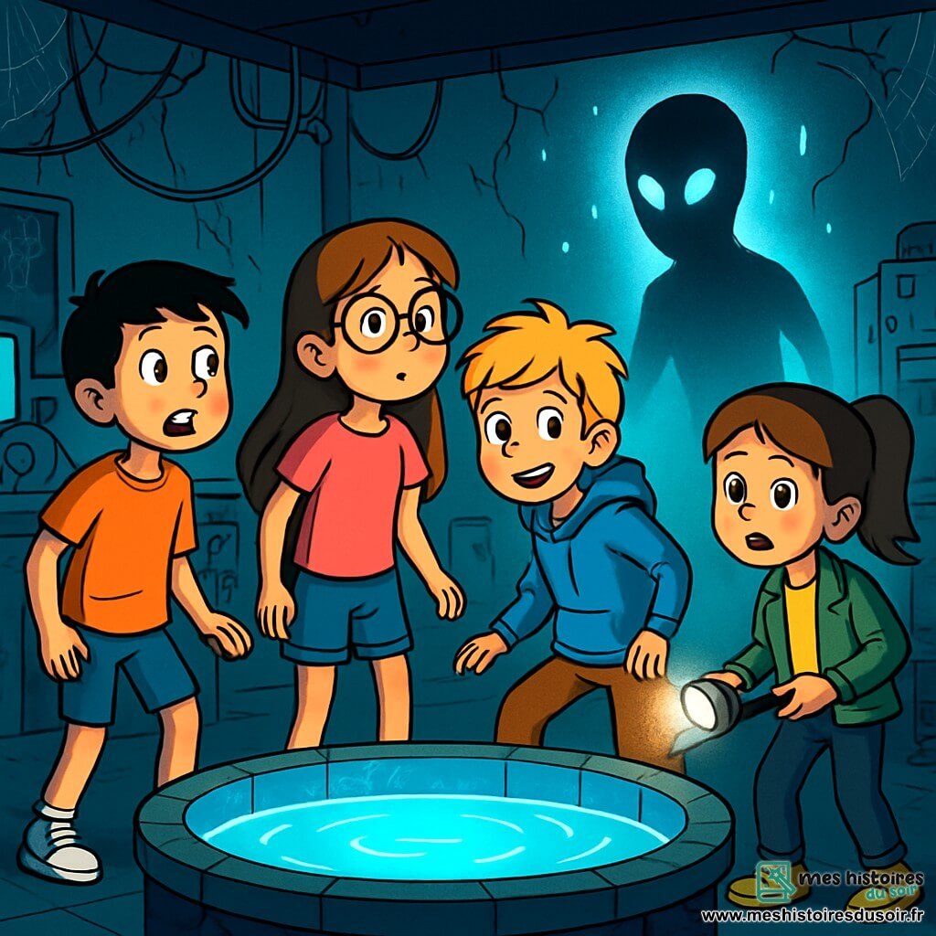 Quatre enfants se tiennent dans un laboratoire abandonné. Lucie, 10 ans, a de longs cheveux bruns et des lunettes rondes, portant un t-shirt rose et un short en jean. Hugo, 11 ans, avec des cheveux blonds en bataille, est en sweat à capuche bleu et pantalons cargo, prêt à s'approcher. Clara, 10 ans, a des cheveux châtains en queue de cheval, vêtue d'une veste verte et d'un pantalon noir, tenant une lampe de poche. Max, 10 ans, avec des cheveux noirs et des taches de rousseur, porte un t-shirt orange et des baskets, observant avec émerveillement. Le laboratoire est rempli de toiles d'araignées, de machines poussiéreuses et d'une grande table d'instruments étranges. Une lueur bleue émane d'un bassin, illuminant les enfants. Ils font face à une silhouette indistincte émergeant du bassin, fascinés et un peu effrayés.