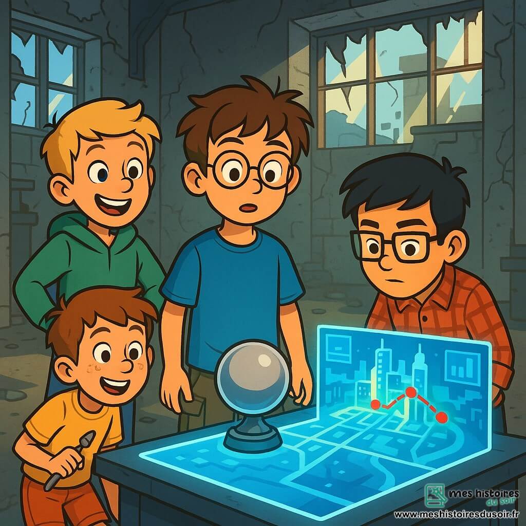 Quatre enfants se trouvent dans une vieille usine abandonnée. Axel, 12 ans, a des cheveux bruns en bataille et des lunettes rondes, vêtu d'un t-shirt bleu et d'un short cargo, il observe avec curiosité une sphère argentée sur une table lumineuse. Léo, également 12 ans, a des cheveux blonds et porte un sweat à capuche vert et un jean, il se tient à gauche d'Axel, souriant d'excitation. Tim, avec des cheveux noirs et des lunettes rectangulaires, porte une chemise à carreaux rouge et un pantalon noir, penché sur la table à droite d'Axel, il scrute les hologrammes projetés. Max, avec des cheveux châtains et des taches de rousseur, est derrière Axel, habillé d'un t-shirt jaune et d'un short, les yeux écarquillés, tenant un petit outil. La salle est éclairée par des hologrammes colorés et une sphère argentée, affichant une carte holographique de leur ville, Néoterra, avec des points rouges clignotants pour un parcours à suivre. Les enfants, fascinés, sont prêts pour une nouvelle aventure.