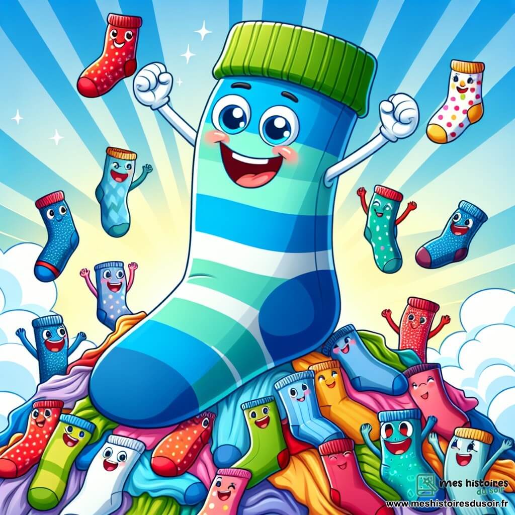 Monsieur Chaussettes, une chaussette rayée de bleu et de vert avec un grand sourire, se tient au sommet d'une montagne de linge coloré, les bras levés en signe de victoire. À ses côtés, un groupe de chaussettes amies, dont une chaussette à pois rouges qui danse et une chaussette en velours bleu qui applaudit, expriment leur admiration. Le décor est une montagne de chaussettes multicolores, avec des nuages doux et un ciel bleu éclatant. Monsieur Chaussettes et ses amis célèbrent leur victoire après avoir atteint le sommet de la Montagne de Linge, entourés de chaussettes flottantes dansant joyeusement.
