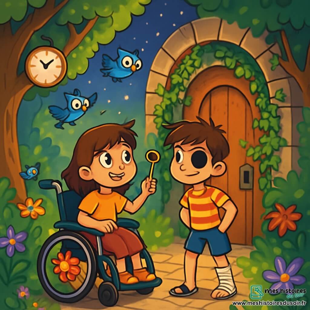Léa, une fille d'environ 10 ans aux cheveux noisette et au sourire malicieux, est assise dans un fauteuil roulant décoré de fleurs, tenant une clé dorée. Simon, un garçon de 10 ans avec des cheveux bruns en bataille et un bandage à la cheville, se tient à côté d'elle avec une expression curieuse. Ils se trouvent dans un jardin secret magique, où des arbres portent des horloges et des oiseaux chantent. Ils découvrent une porte rouillée entourée de lierre, échangeant un regard complice, prêts à entrer dans un monde fantastique sous un ciel étoilé.
