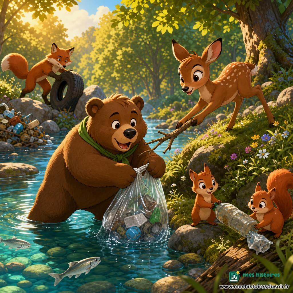 Boris, un jeune ours brun pelucheux aux yeux expressifs et petite écharpe verte, tire un sac plastique hors d’une rivière turquoise tandis que Lila, une petite biche tachetée, lui tend une branche; deux écureuils roux transportent une bouteille et un morceau de plastique, un renard pousse un pneu coincé, et tous forment une chaîne joyeuse de nettoyage sur des rives mousseuses fleuries où l’eau redevient limpide, les poissons réapparaissent et la lumière chaude de fin d’après-midi crée des ombres nettes en cel-shading.