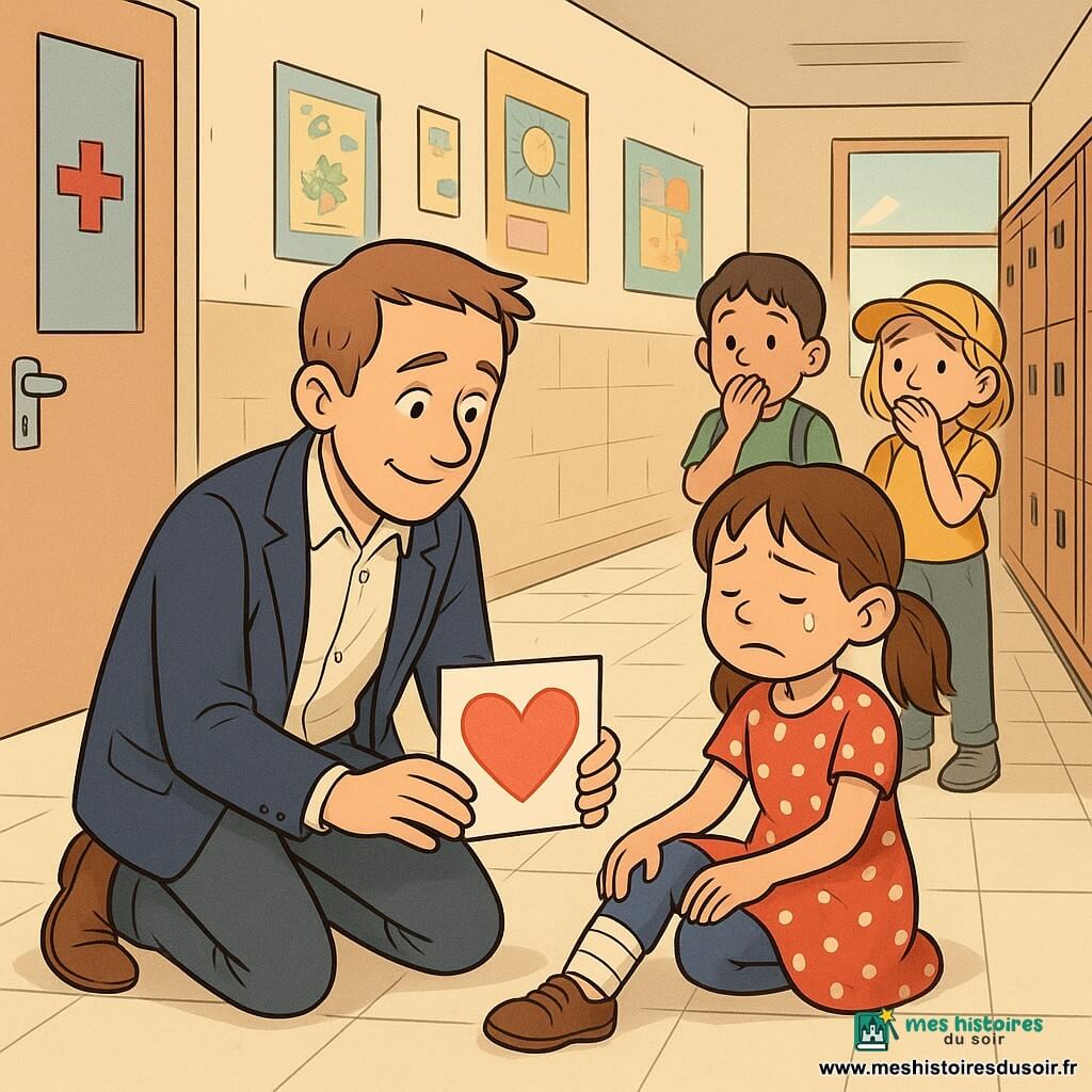 Un instituteur agenouillé, souriant mais inquiet, examine la jambe d’un garçon blessé tandis qu’une fillette tend un dessin en cœur et que deux autres enfants regardent, étonnés mais rassurés, dans le couloir de l’école avec carrelage clair, affiches, casiers et une porte d’infirmerie à croix rouge ; scène de soin et de solidarité, lumière douce, couleurs chaudes et style bande dessinée clair et lisible pour les enfants.