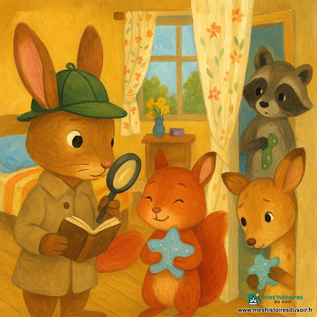 Noisette, jeune lapin détective calme coiffé d’un chapeau de feutre vert, tient une loupe et un carnet en écartant un rideau pour découvrir Fanfan, petit chevreuil beige tacheté, timide et caché avec un doudou étoile bleu pâle ; Lili, petite écureuil rousse, soulagée, se tient à côté en serrant le doudou, et Momo le raton-laveur apparaît surpris à la porte avec un ruban vert à pois blancs dans la poche ; la scène se déroule dans une chambre d’ami lumineuse (lit à couverture rayée et oreiller bleu, tapis rond rouge, fenêtre à rideau fleuri, petite table avec vase de fleurs jaunes, étagère avec boîte de jeux) dans une atmosphère rassurante et colorée, textures gouache, coups de pinceau doux et contours légèrement flous.