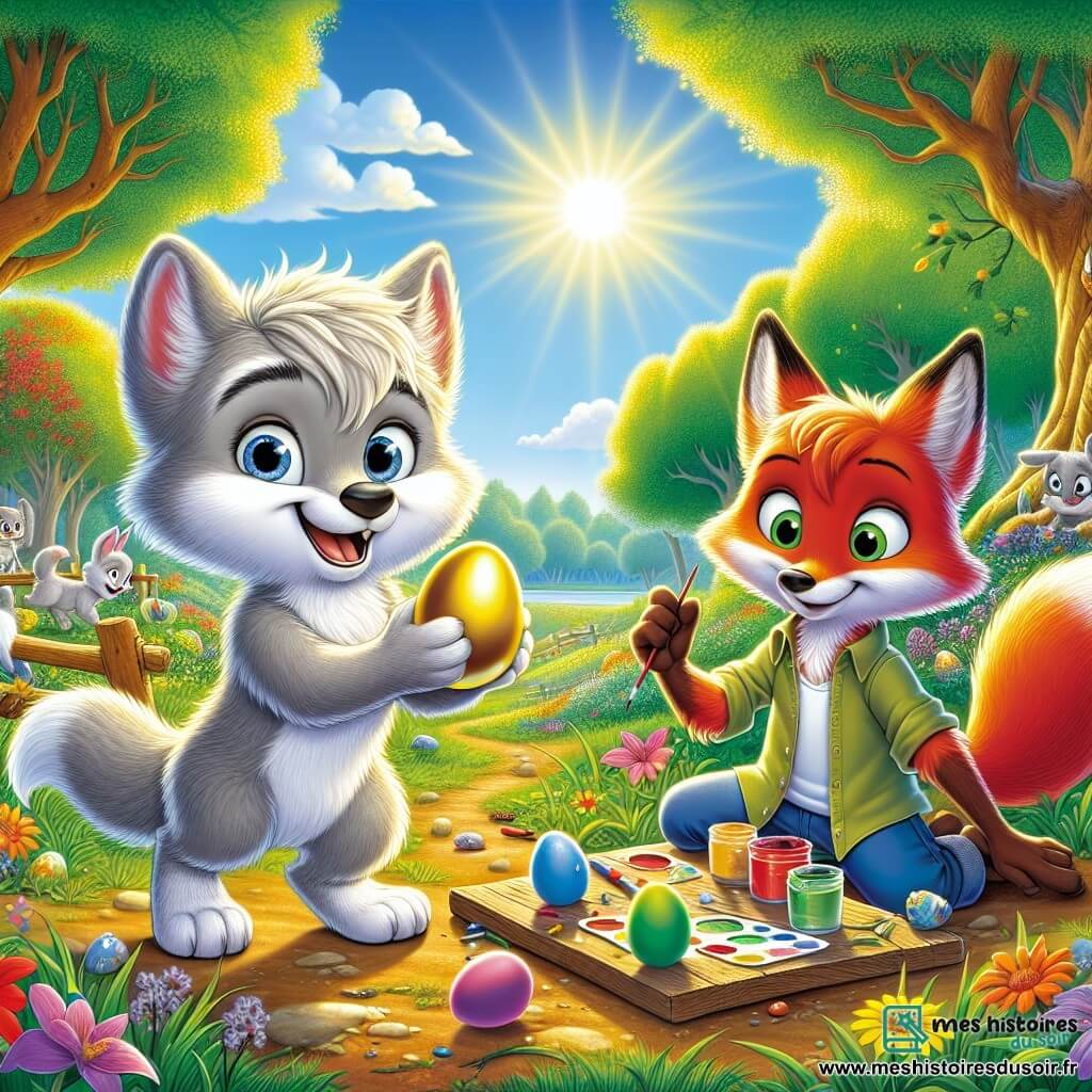 Un petit loup nommé Léo, avec un pelage gris doux et des yeux curieux, se tient dans une clairière ensoleillée, tenant un œuf doré dans ses pattes, souriant d'excitation. À ses côtés, Théo le renard, au pelage roux et aux yeux malicieux, peint des œufs colorés sur une table en bois, affichant une expression joyeuse. La clairière est entourée d'arbres majestueux et de fleurs multicolores, sous un ciel bleu parsemé de nuages. La scène illustre la chasse aux œufs de Pâques, avec Léo découvrant l'œuf doré près d'un vieux chêne, tandis que d'autres animaux s'affairent joyeusement, créant une atmosphère festive.