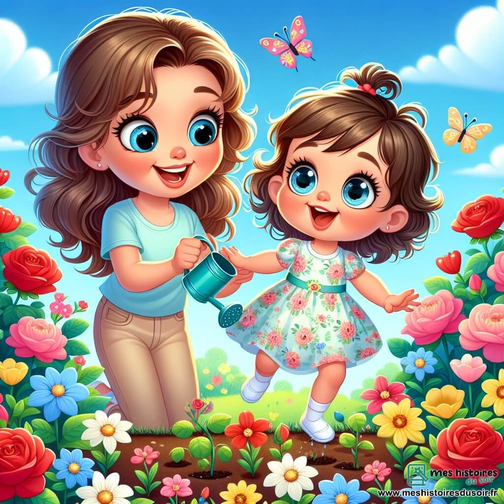 Une petite fille de 2 ans, Lina, danse joyeusement dans un jardin coloré, souriante, avec une robe à fleurs et un arrosoir à la main. Sa maman, une femme d'une trentaine d'années, l'encourage en lui montrant une petite graine. Le jardin est rempli de fleurs éclatantes sous un ciel bleu clair, avec des papillons volant autour. Elles préparent le jardin pour planter une graine, pleines d'excitation et de joie.