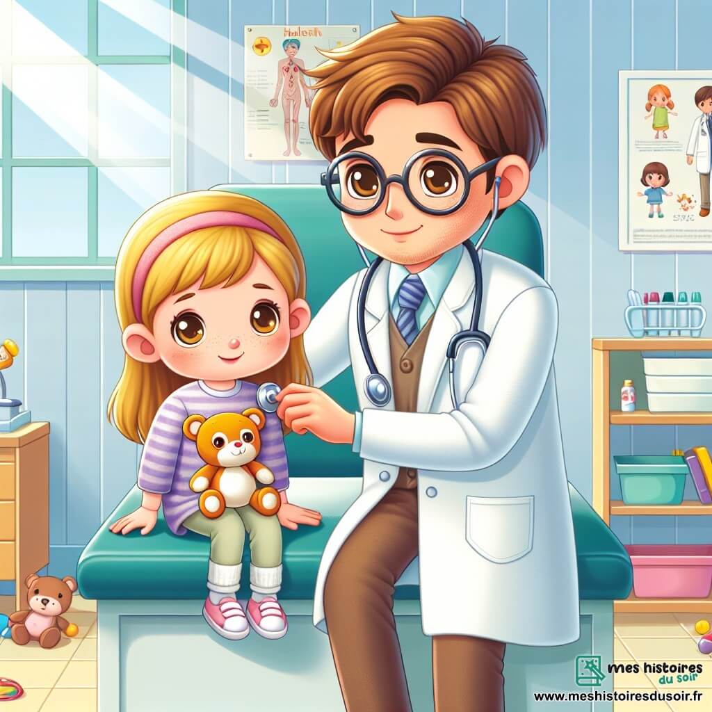 Le Docteur Camille, un homme d'une trentaine d'années avec des cheveux bruns et des lunettes rondes, porte un manteau blanc et un stéthoscope. Il examine Sophie, une petite fille de six ans aux longs cheveux blonds, qui semble un peu fatiguée. Assise sur la table d'examen, elle tient un jouet en peluche. La clinique est lumineuse et accueillante, avec des murs aux couleurs douces et des jouets au sol. Le Docteur Camille rassure Sophie, créant une atmosphère chaleureuse et bienveillante.