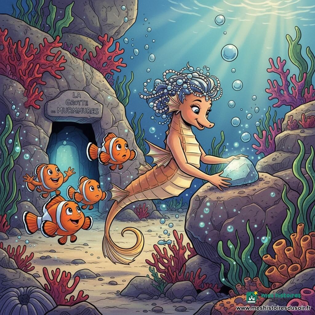 Ondine, hippocampe femelle déterminée et souriante, crinière de perles et queue dorée, pose une pierre scintillante sur un grand rocher en nageant de profil; un petit poisson-clown orange et blanc la suit, inquiet mais soulagé, tandis qu'à gauche une famille de poissons-clowns joyeuse agite ses nageoires; des lucioles de mer bioluminescentes bleu-vert flottent, des bulles remontent vers la surface et de petits poissons curieux forment un semi-cercle; en arrière-plan, un labyrinthe de coraux rouges, violets et jaunes et des algues vertes entourent l'entrée sombre de la « grotte des murmures », dont l'intérieur est éclairé par la pierre, quelques rayons de soleil filtrant en haut à droite; style graphique clair et chaleureux, lignes nettes, couleurs vives, composition centrée sur Ondine pour transmettre calme et courage.