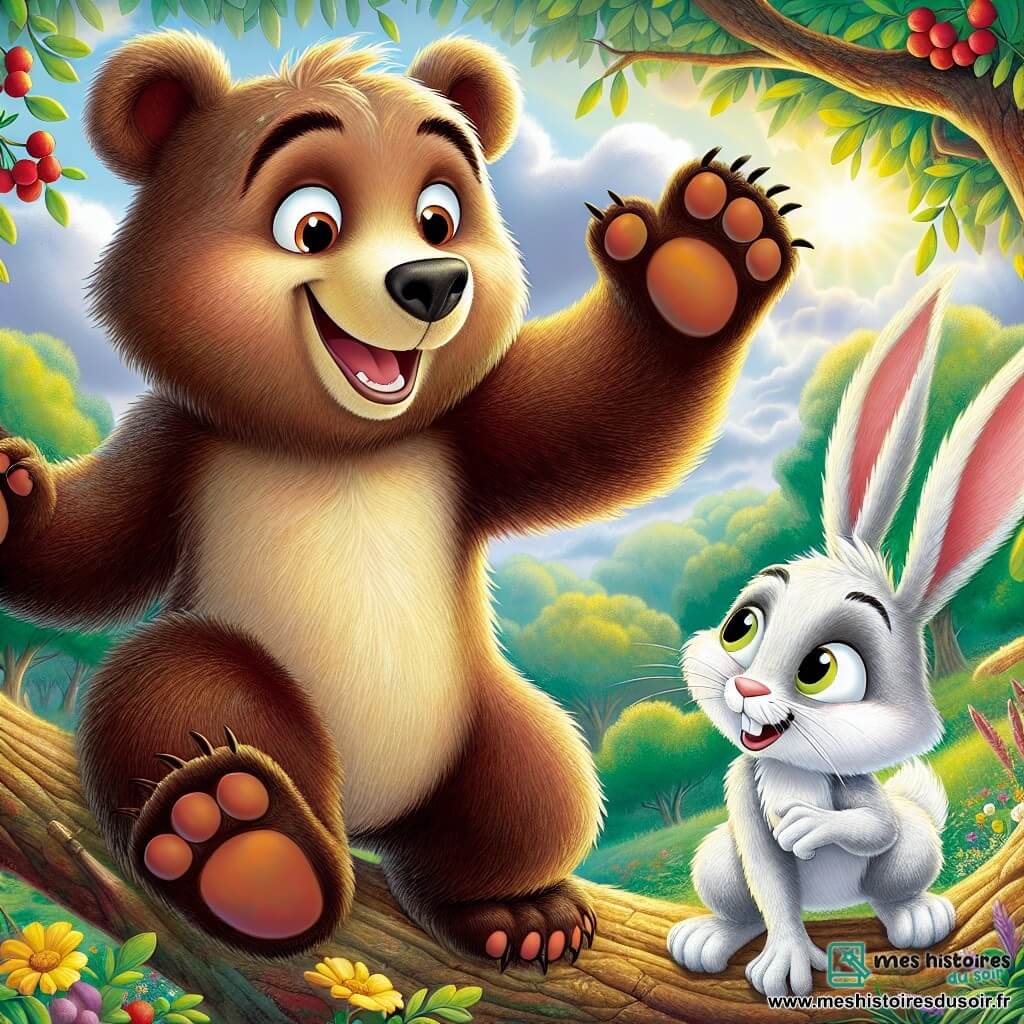 Au centre de l'image, un ours joyeux nommé Oscar, avec un pelage brun et un grand sourire, est perché sur une branche d'arbre, prêt à sauter. Des baies rouges sont collées sur son pelage. À côté de lui, un petit lapin nommé Léo, avec un pelage blanc, le regarde avec un sourire malicieux, prêt à bondir. La scène se déroule dans une forêt enchantée, illuminée par des rayons de soleil. Oscar s'apprête à sauter pour attraper un fruit magique du soleil, tandis que Léo l'encourage. L'atmosphère est pleine de joie et d'aventure.