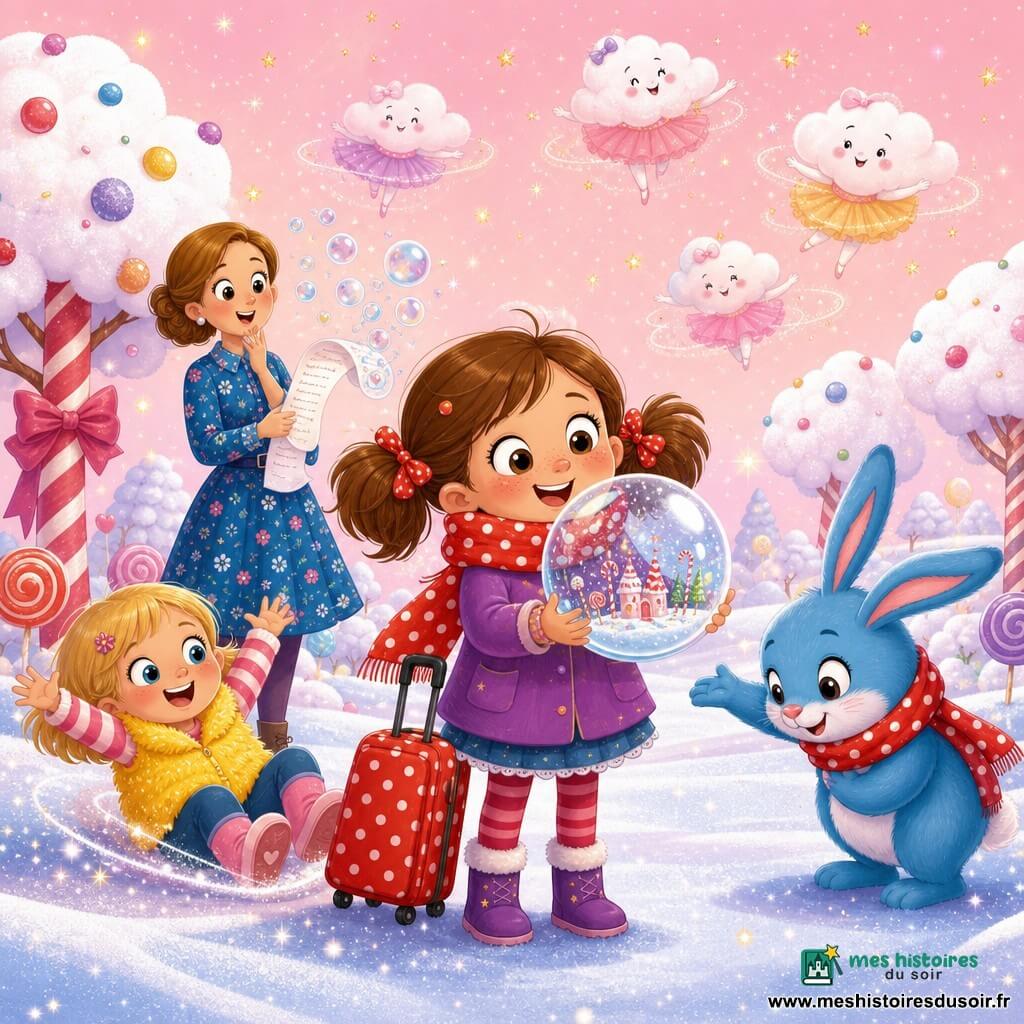 Margot, 6 ans, rayonnante en deux couettes et cache‑nez à pois rouges, secoue une énorme boule à neige transparente en tenant une petite valise rouge à pois ; Zoé, 6 ans, blonde et malicieuse en gilet jaune, glisse par terre comme sur une luge invisible à gauche, tandis que Madame Dubois, vers 35 ans en robe bleue à fleurs, sourit en tenant une liste qui se change en bulles de savon derrière eux, et un grand lapin bleu debout à droite, écharpe rouge à pois blancs, fait une révérence joyeuse. Lieu : l’intérieur magique d’une boule à neige géante — sol scintillant, arbres en bonbon, nuages en tutu et ciel rose pailleté — ambiance pétillante, couleurs vives, composition centrée sur Margot et la boule qui remplit l’air de flocons brillants et confettis.