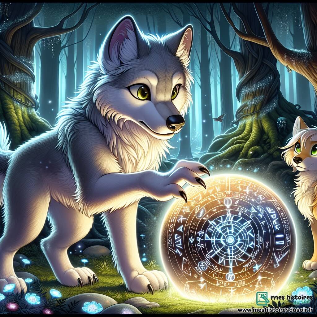 Au centre de la scène, un jeune loup nommé Fenrir, avec une fourrure argentée et des yeux curieux, se tient devant une sphère métallique gravée de runes lumineuses. Son expression est déterminée tandis qu'il pose sa patte sur l'artefact ancien, émettant une lueur magique. À ses côtés, une jeune louve nommée Lyra, avec une fourrure dorée et des yeux verts, observe la sphère avec excitation et inquiétude, prête à protéger Fenrir. Le décor est une clairière enchantée, entourée d'arbres majestueux et de fleurs luminescentes, baignée d'une lumière mystérieuse. La scène montre Fenrir découvrant la sphère, avec des éclats de lumière symbolisant le pouvoir mystique de l'artefact et l'aventure à venir.
