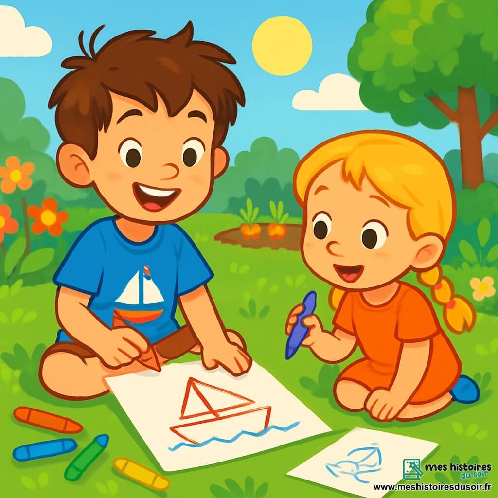 Un garçon de 6 ans, Maxime, avec des cheveux bruns en bataille et un grand sourire, est assis sur l'herbe, entouré de crayons de couleur et de feuilles blanches. Il porte un t-shirt bleu avec un dessin de bateau et un short rouge. À côté de lui, sa petite sœur Emma, 4 ans, avec des cheveux blonds en nattes, admire les dessins de son frère tout en tenant un feutre violet. Ils se trouvent dans un jardin ensoleillé, rempli de fleurs et d'arbres, avec un ciel bleu. Maxime dessine un grand bateau en carton tandis qu’Emma essaie de le copier, tous deux absorbés par leur activité créative.
