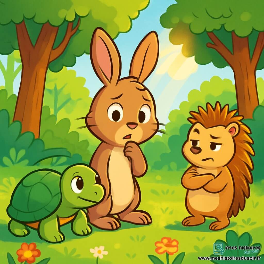 Léo, un jeune lapin aux grandes oreilles et pelage brun, se tient pensif au centre d'une clairière. À ses côtés, Clémence, une tortue à la carapace verte, l'écoute avec compréhension. Un peu en retrait, Hugo, un hérisson aux piquants dorés, croise les bras, l'air réfléchi. La clairière est entourée d'arbres majestueux et de fleurs colorées, baignées par un doux rayon de soleil. Ils discutent sérieusement de l'importance de la vérité et du mensonge, reflétant un dilemme moral commun.