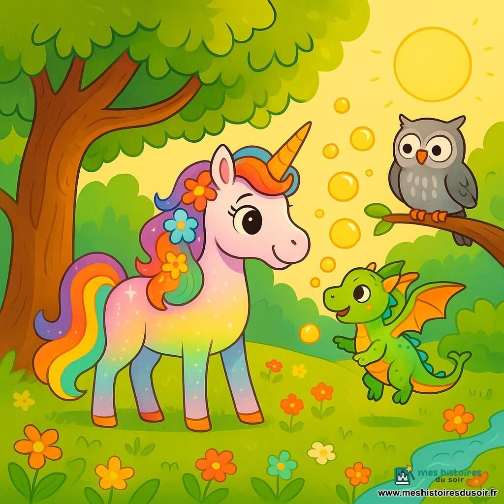 Lila, une magnifique licorne au pelage scintillant comme un arc-en-ciel, se tient au centre d'une clairière. Ses grands yeux expriment la joie, et sa crinière est parsemée de fleurs colorées. Elle pose sa corne dorée sur un arbre aux feuilles chatoyantes. À ses côtés, Pipo, un petit dragon aux écailles brillantes, saute joyeusement en soufflant des bulles dorées. Plus loin, Grisou, un hibou sage, les observe. La clairière est baignée de lumière dorée, entourée d'arbres majestueux et de fleurs vives, avec un ruisseau murmurant à proximité. Lila découvre une clé de sol brillante, cueillie par la fée Brindille, illuminant le chemin vers la Bibliothèque Vivante, où les lettres dansent joyeusement.