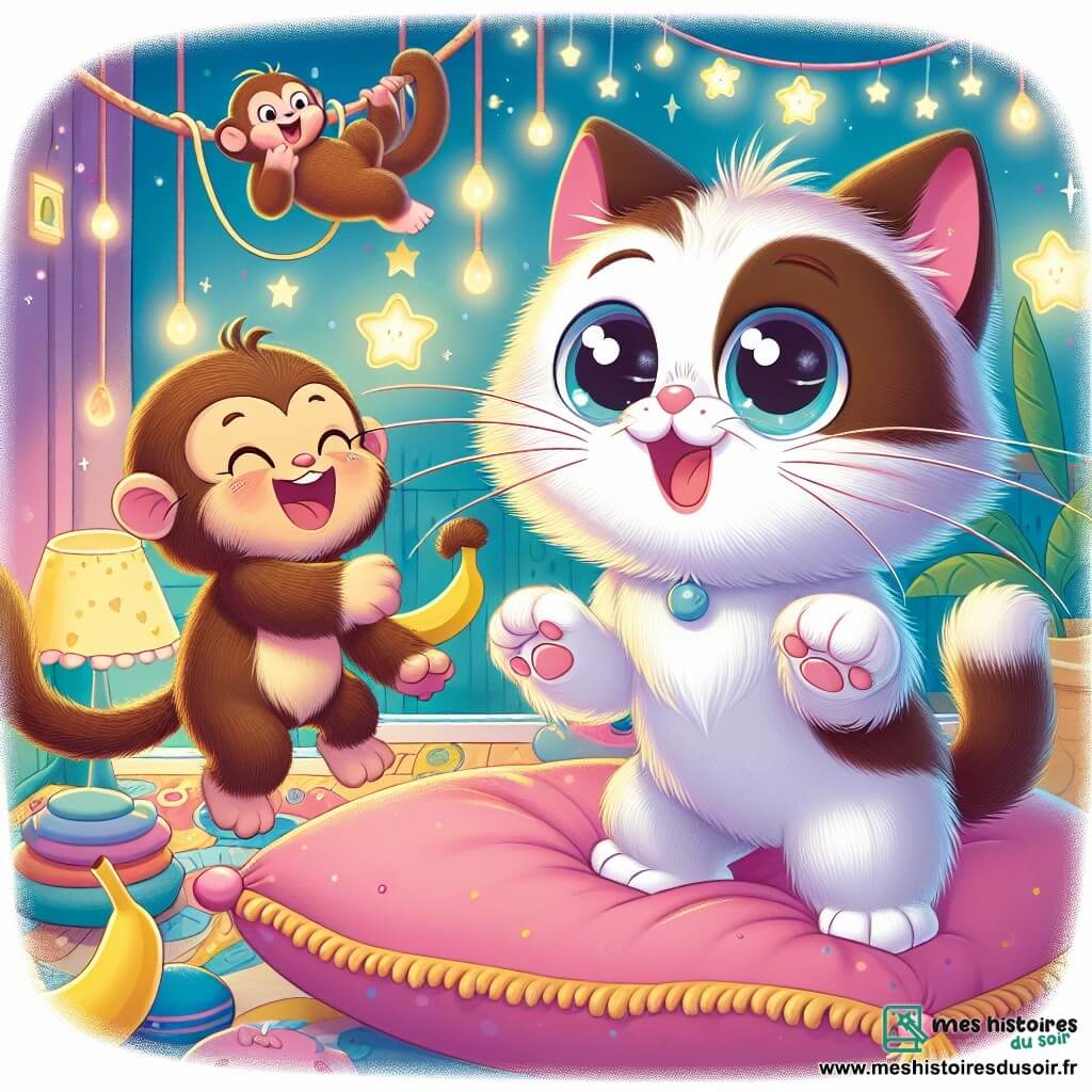 Minou, un chat aux grandes moustaches blanches et au petit museau rose, saute joyeusement sur un coussin moelleux, ses yeux brillants de curiosité. À côté de lui, un singe espiègle aux poils bruns se balance sur une liane, riant tout en tenant une banane. La scène se déroule dans une chambre douillette, décorée de peluches colorées et de lampes douces. Minou, prêt pour l'aventure, s'apprête à explorer cette pièce magique, tandis que le singe l'encourage à découvrir les trésors cachés de la nuit.