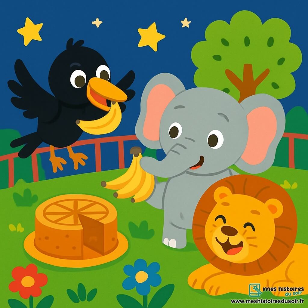 Un corbeau nommé Coco, avec un plumage noir brillant et des yeux pétillants, bat des ailes joyeusement en tenant une banane dans son bec. À côté, un éléphant gris aux grandes oreilles, souriant, regarde Coco avec curiosité tout en tenant une grappe de bananes. En arrière-plan, un lion doré, allongé sur l'herbe verte, rit de bon cœur. La scène se déroule dans un zoo coloré, avec des arbres aux feuilles vertes, des fleurs multicolores et des étoiles dans le ciel nocturne. Coco et ses amis préparent un gâteau de bananes, entourés de rires et de joie, créant une ambiance festive.