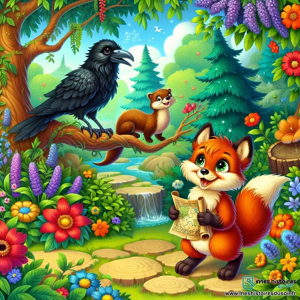 Un petit renard au pelage roux, curieux et souriant, tient une carte enchantée au centre d'un jardin luxuriant, entouré de fleurs colorées et de buissons. À sa droite, un vieux corbeau observant avec sagesse, et à gauche, une loutre espiègle nage joyeusement dans un ruisseau. Ce jardin, rempli de fleurs éclatantes et d'arbres majestueux, crée une atmosphère magique. Le renard, prêt pour une aventure, est soutenu par la beauté du jardin et l'amitié de ses compagnons.