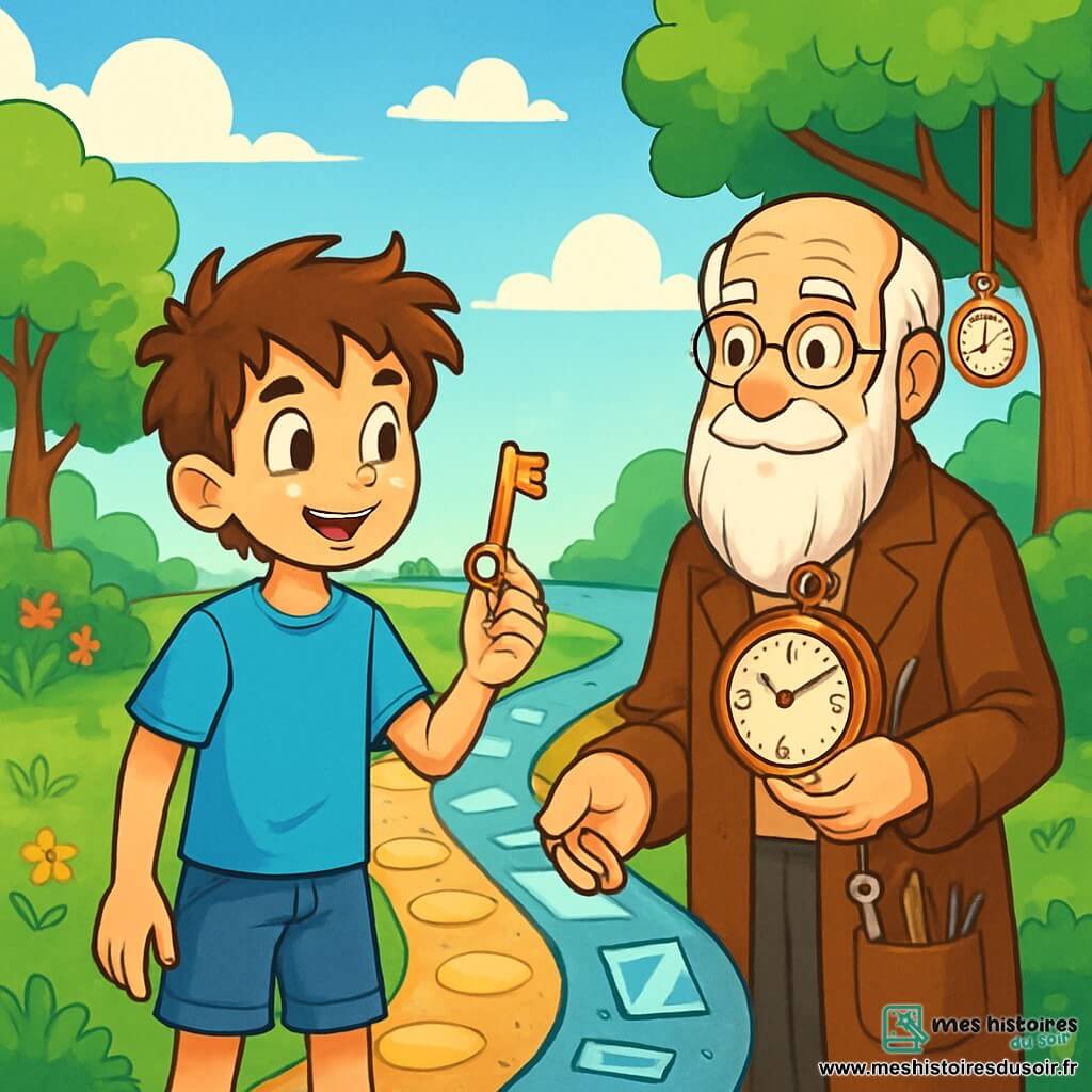 Un garçon de 12 ans, Milo, aux cheveux châtains en bataille et aux yeux curieux, se tient dans un parc ensoleillé, le visage marqué par l’émerveillement et la détermination. Il porte un t-shirt bleu et un short en jean, tenant une clé dorée scintillante. À ses côtés, le Vieil Horloger, un homme de 70 ans avec une longue barbe blanche et des lunettes rondes, l'observe avec bienveillance, vêtu d'une veste en velours marron et tenant une horloge ancienne. Le parc est verdoyant, avec des arbres aux feuilles éclatantes et des fleurs colorées. Milo se tient devant trois chemins colorés représentant des choix différents, tandis que le Vieil Horloger lui tend la clé dorée. Les chemins sont marqués par des pierres gravées, des miroirs scintillants et des horloges étranges, créant une scène mystérieuse et aventureuse.
