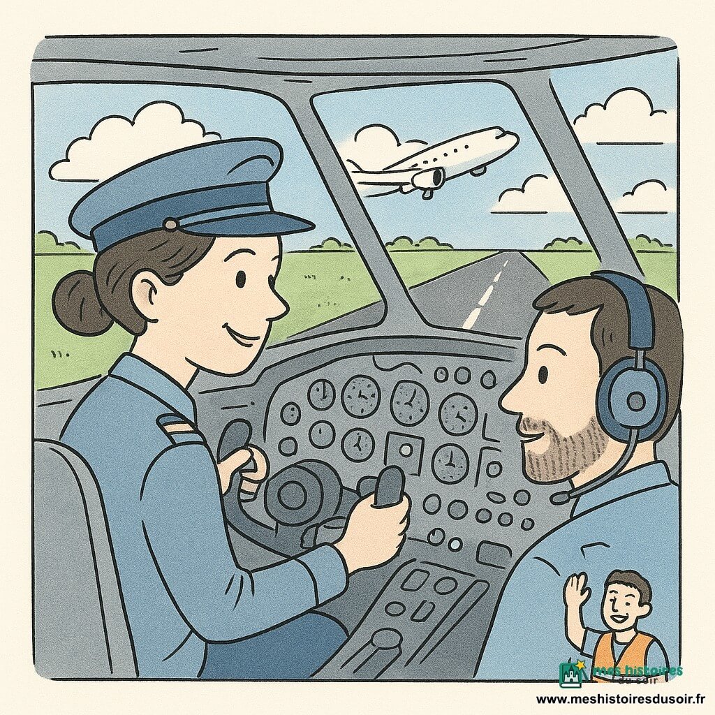 Une femme pilote d'une trentaine d'années, cheveux bruns en chignon, sourire concentré et yeux pétillants, en uniforme bleu clair et casquette, tient le manche et regarde droit devant ; à sa droite, un copilote d'environ 35 ans, barbe courte et casque, consulte les instruments en parlant doucement. Par la fenêtre arrière, un agent de piste d'environ 25 ans en gilet orange fait signe en souriant. Cockpit détaillé avec tableau de bord rempli de boutons, cadrans, leviers et petites lumières, larges vitres montrant la piste noire aux lignes blanches, herbe verte et grand ciel bleu parsemé de nuages ; l'avion décolle, nez légèrement levé, ambiance douce et dynamique, sensations de mouvement, légèreté et sécurité, traits nets et textures d'encre fine.