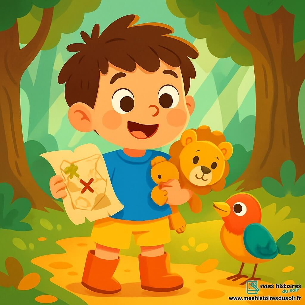 Un petit garçon de 4 ans, Léo, aux cheveux bruns en bataille et aux yeux pétillants, sourit. Il porte un t-shirt bleu, un short jaune et des bottes en caoutchouc. Il tient un vieux plan au trésor et son doudou lion est blotti sous son bras. À ses côtés, un petit oiseau coloré observe Léo avec curiosité. La scène se déroule dans une forêt enchantée avec de grands arbres et des rayons de soleil créant des motifs lumineux sur le sol. Léo scrute le plan, prêt à chercher un trésor caché sous un vieux chêne.