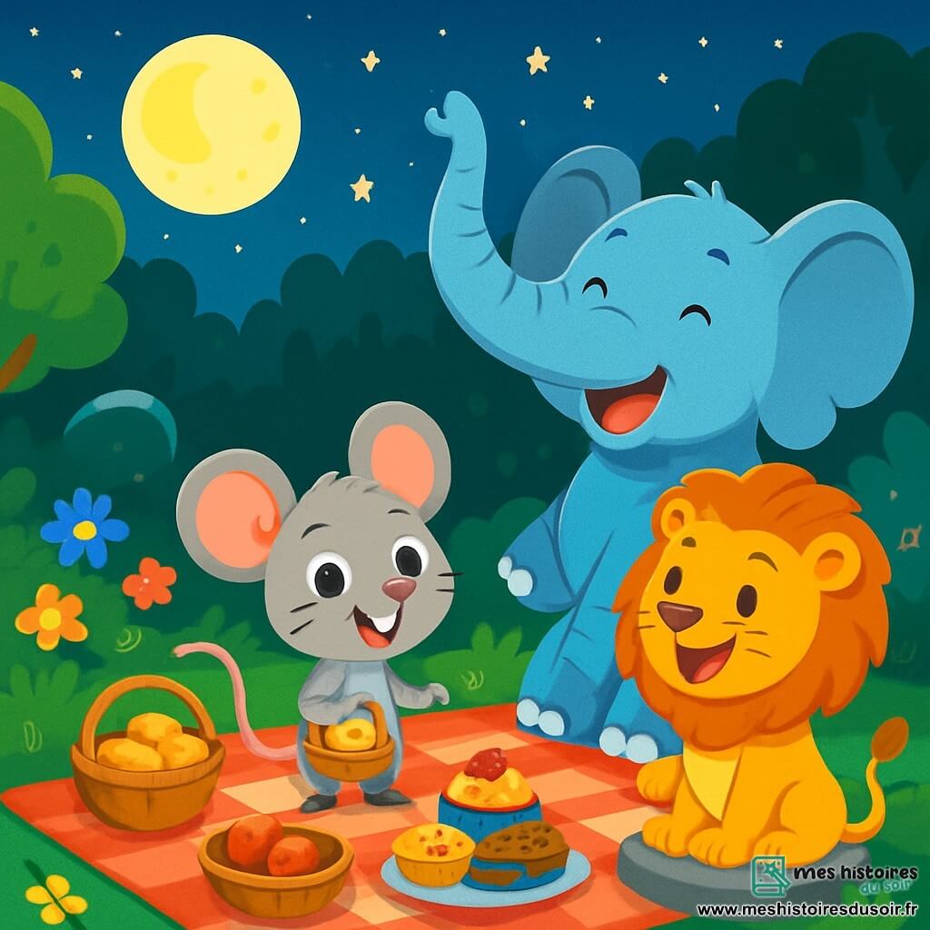 Mimi, une petite souris grise aux grandes oreilles et aux yeux pétillants, se tient au centre de la clairière avec un panier de fromage, souriant d'excitation. À sa droite, Édouard l'Éléphant rit joyeusement, sa trompe levée. À sa gauche, Léon le Lion, avec sa crinière dorée, raconte une histoire, entouré d'animaux curieux. La clairière est éclairée par la lune, avec des arbres et des fleurs colorées. Les animaux partagent des friandises sur un tapis de pique-nique, créant une ambiance festive.